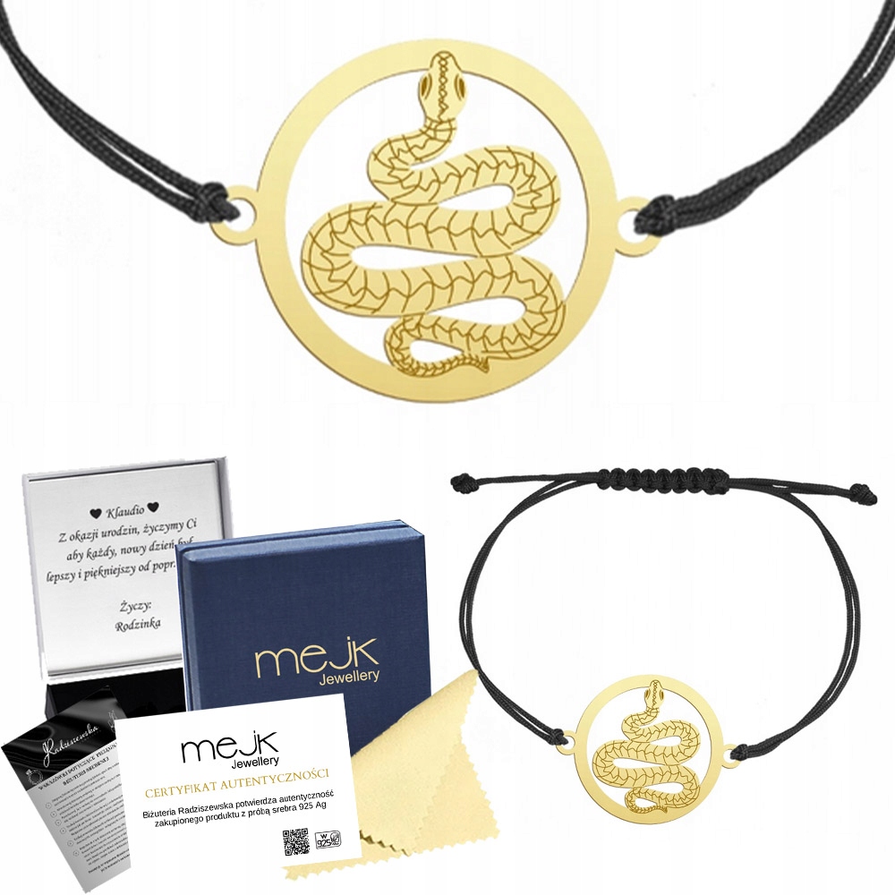 Zlatý náramek s hadem 925, šňůrka Dárek Šperky Gravírování Bonus