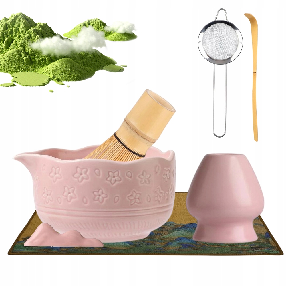 Zestaw Do Matcha Ceramiczny Różowy 450ML Kompletny Z Ręcznikiem