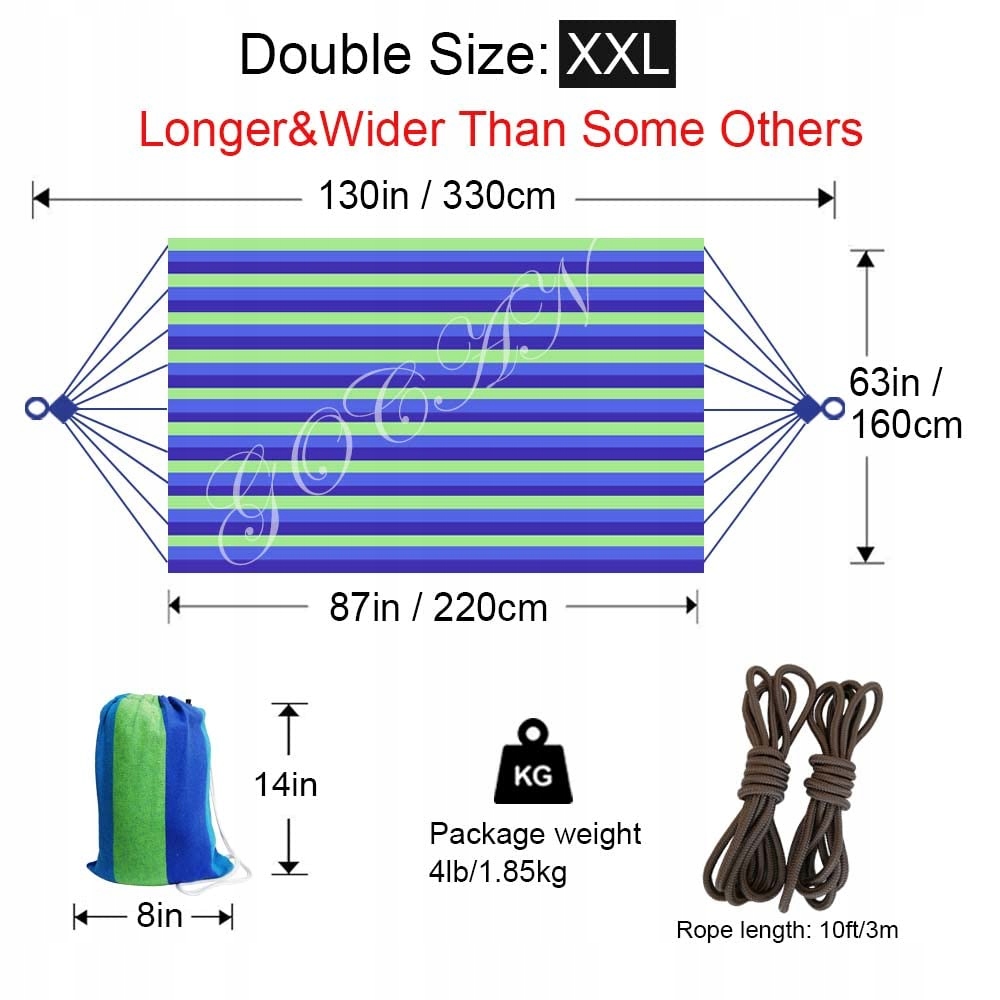 GOCAN Hamak Dwuosobowy 220x160cm 300kg Bawełna Do Ogrodu i Wnętrz Niebieski — miniatura 4