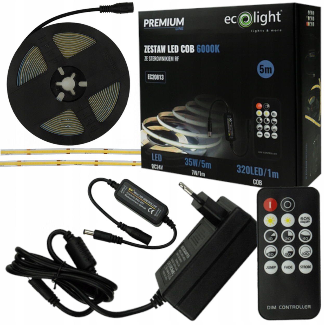Set Páska Cob 320 24V IP20 6000K Barva Bílá Studená 5M Kompletní sada