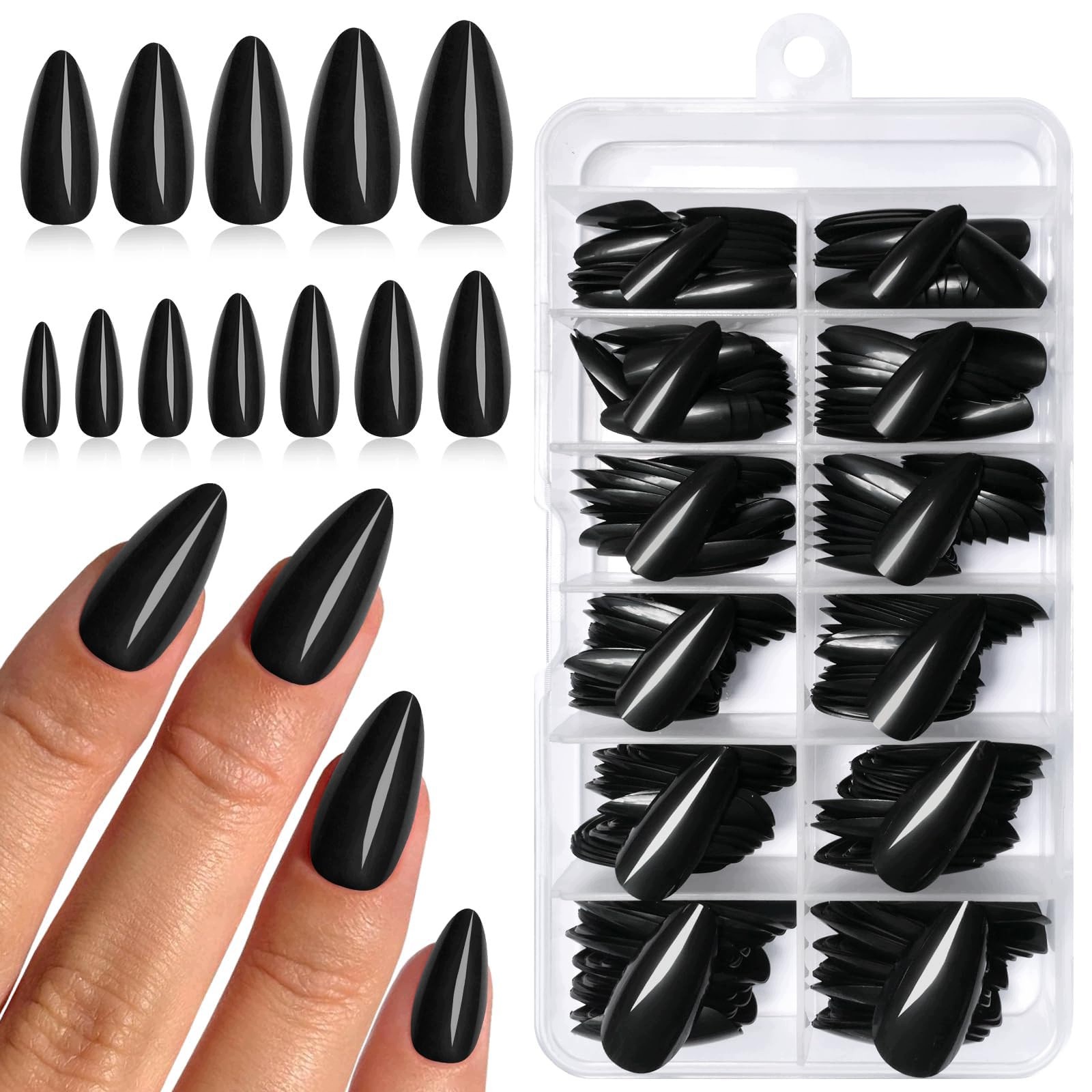 Paznokcie Sztuczne Migdał Czarny Błyszczący 240 Sztuk Tipsy Glamrays
