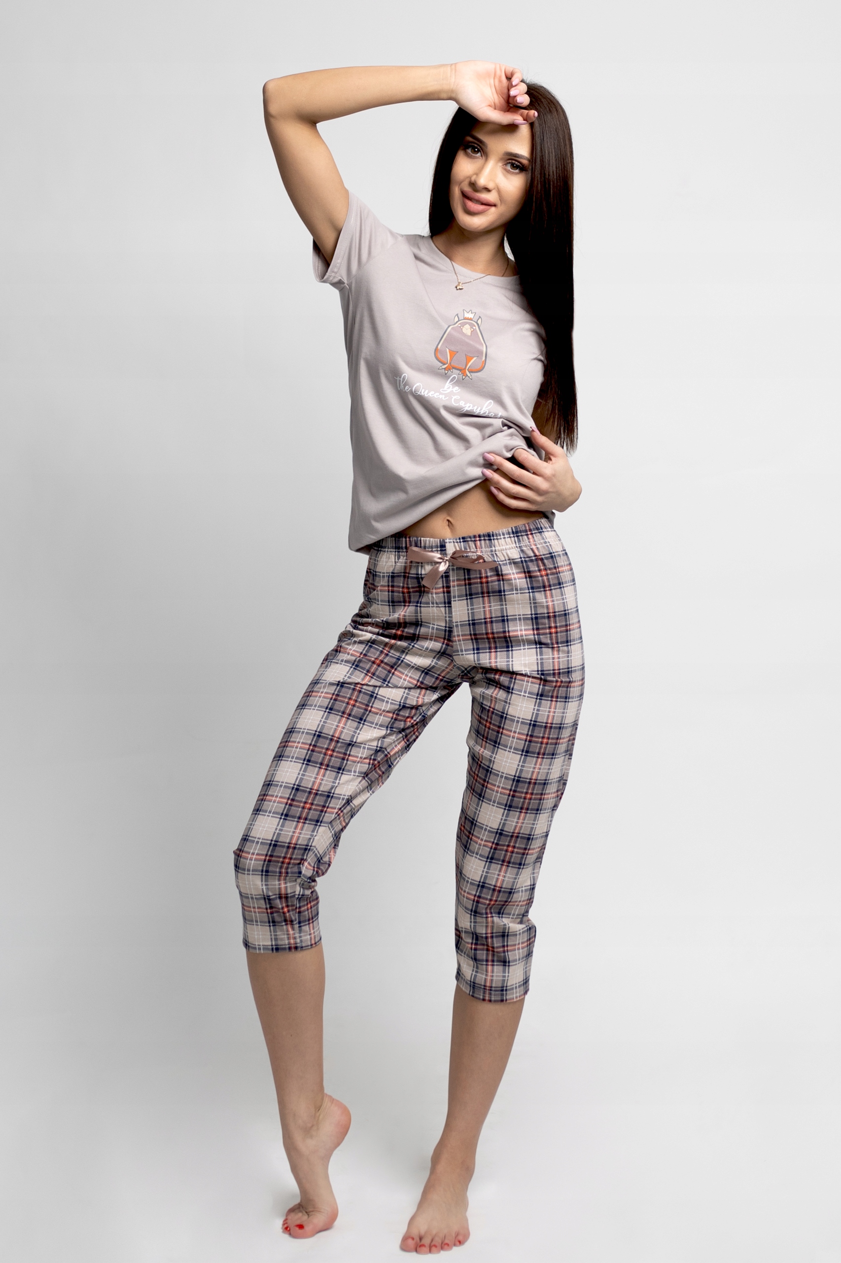 Bavlněné Dámské Pyžamo Kuba Béžová Kostkovaná Barva