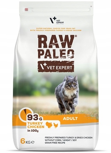 Levně Suché krmivo pro dospělé kočky krůta s kuřecím masem Raw Paleo Adult Cat 6 kg