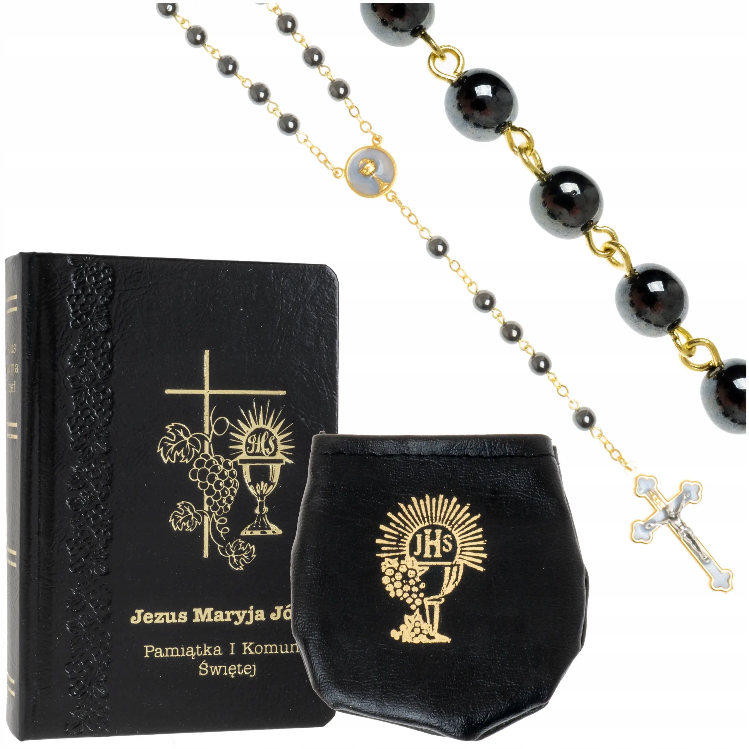 Knížka pro přijímání Růženec k prvnímu svatému přijímání zlato a grafit s Pouzdro na růženec