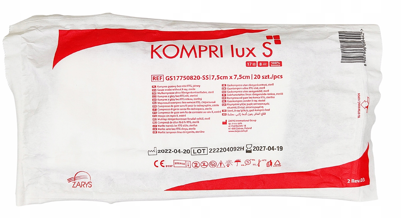 

Kompres gazowy jałowy Kompri lux S 7,5x7,5cm 20szt