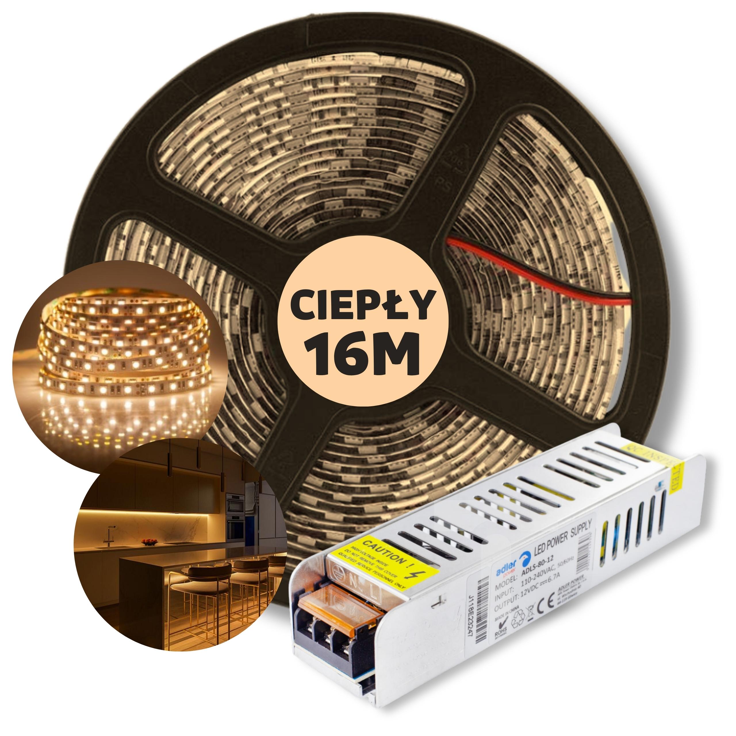 Set 16 m Pásik Led Smd biely teplý s napájacím zdrojom 12V