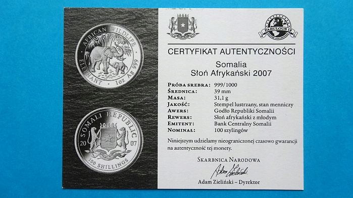 certyfikat SŁOŃ AFRYKAŃSKI SOMALIA 2007 SREBRO