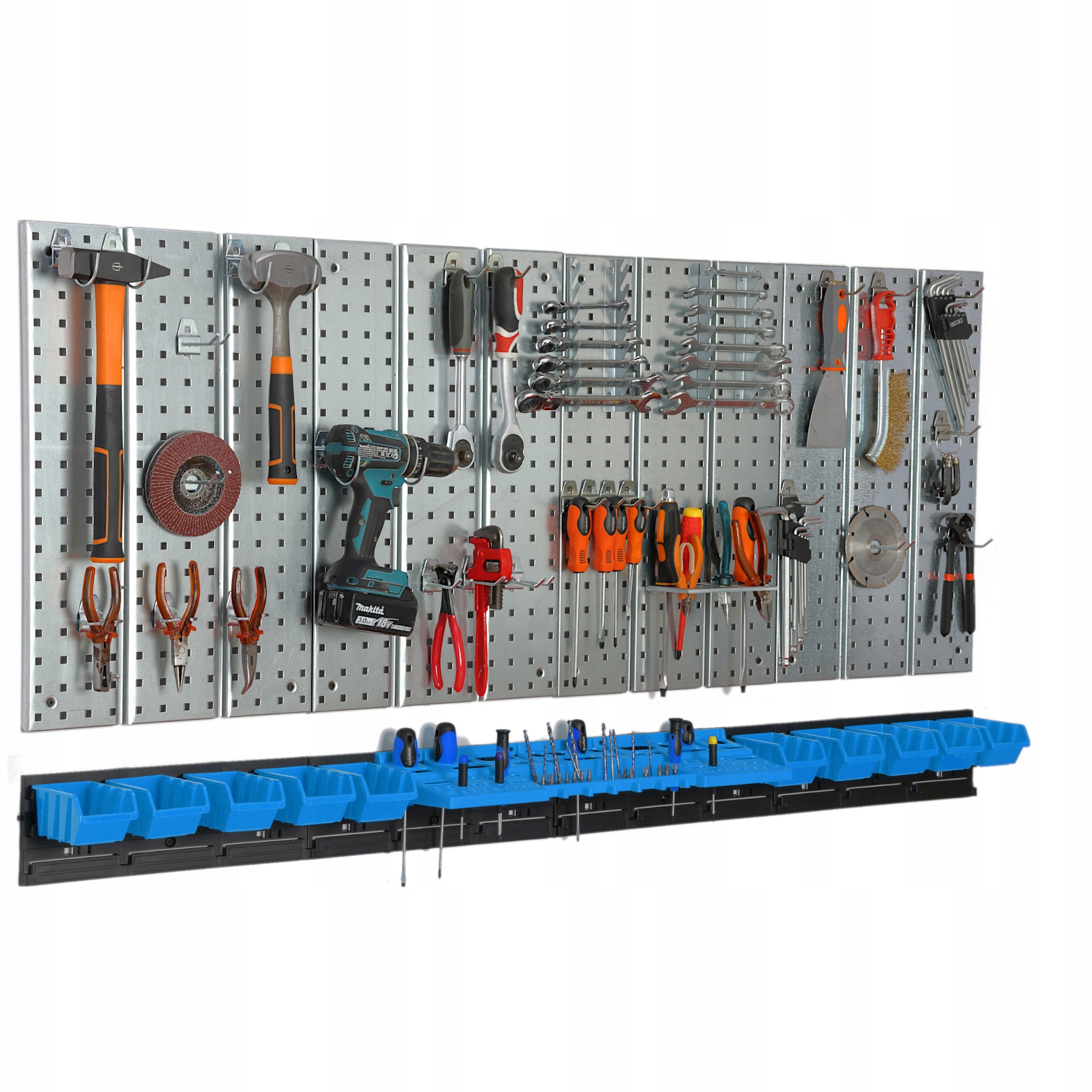 Kovová tabuľa na náradie 1560 x 713 mm stena 10 podnosov dielňa garáž