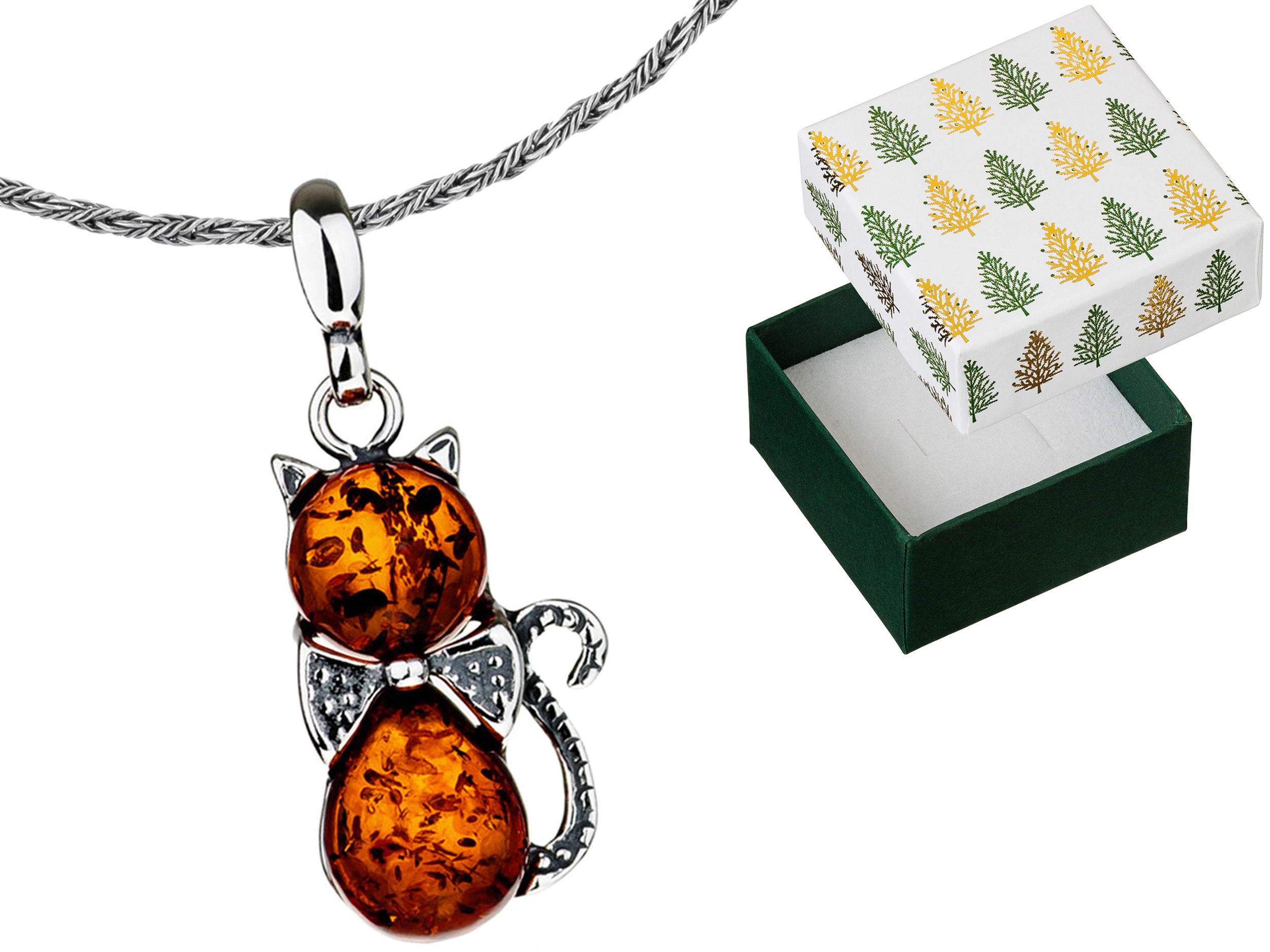 Stříbrný náhrdelník s jantarem Přívěsek Kočička Přívěsek Kočka Řetízek 75 cm