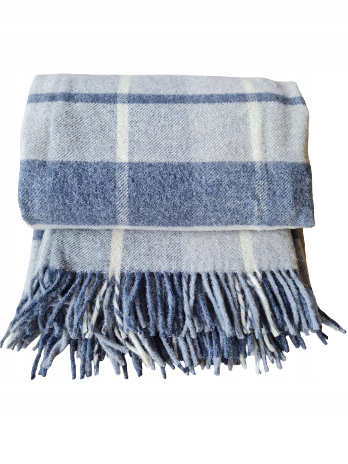 Vlněná deka s třásněmi 160x200 kostkovaná šedá, tmavě modrá