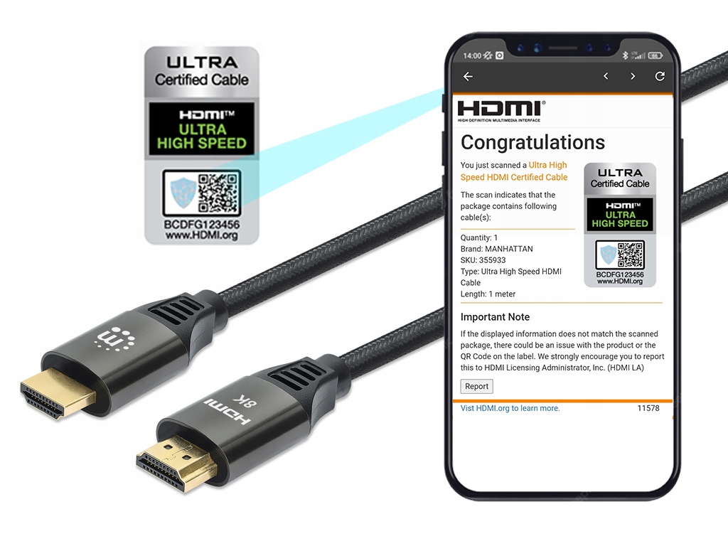 Kabel Manhattan HDMI 2.1 Ultra High Speed z Ethernet 1m 8K*60Hz Oplot Model 355933