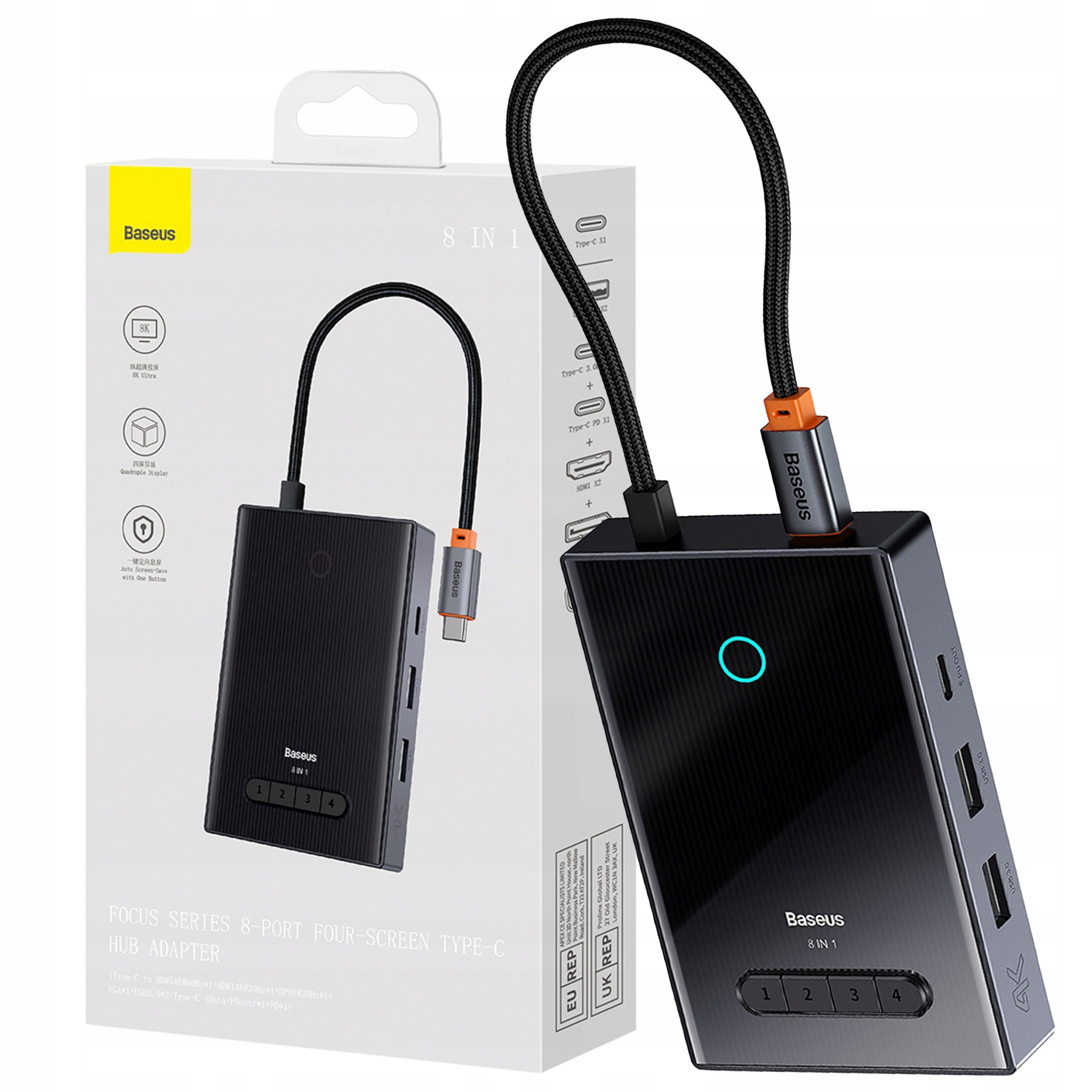 Hub Usb-c 8w1 Baseus Hdmi 4K 60Hz DisplayPort 8K 30Hz Vga Usb-a 3.0 Usb-c