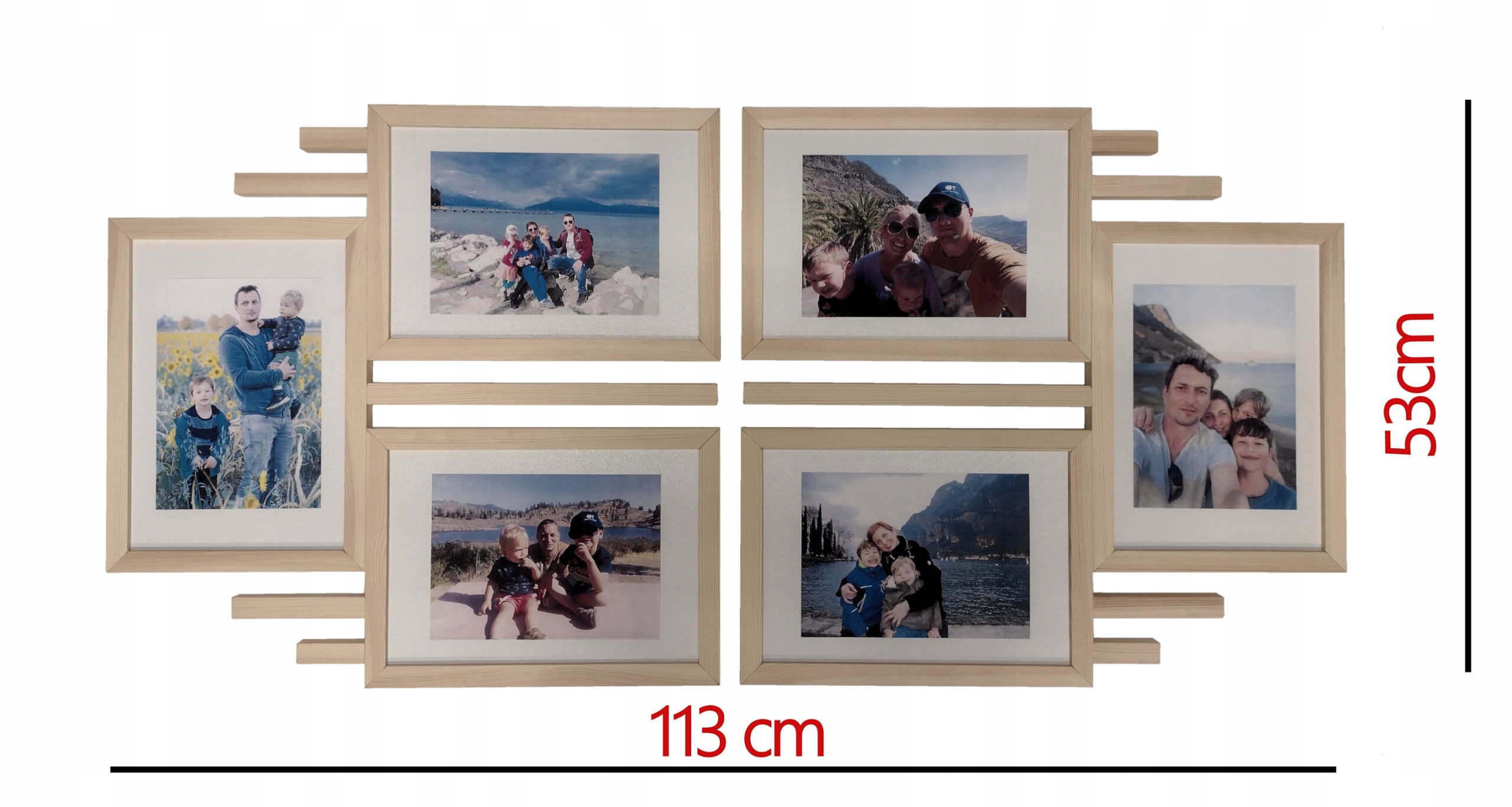 Dřevěný multirám na 6 fotografií A4 21 x 29,7 cm, šířka 113 cm, výška 53 cm, Rámeček