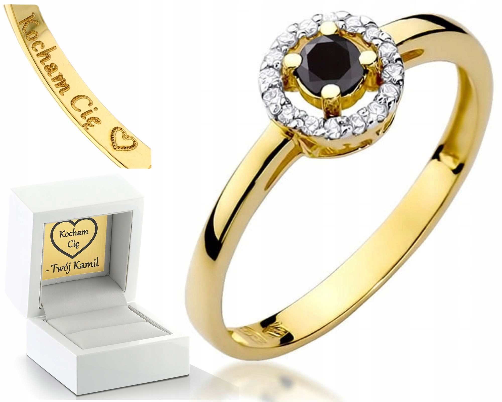 Žluté Zlato Prstýnek Černý Briliant Diamanty Gravírování 585