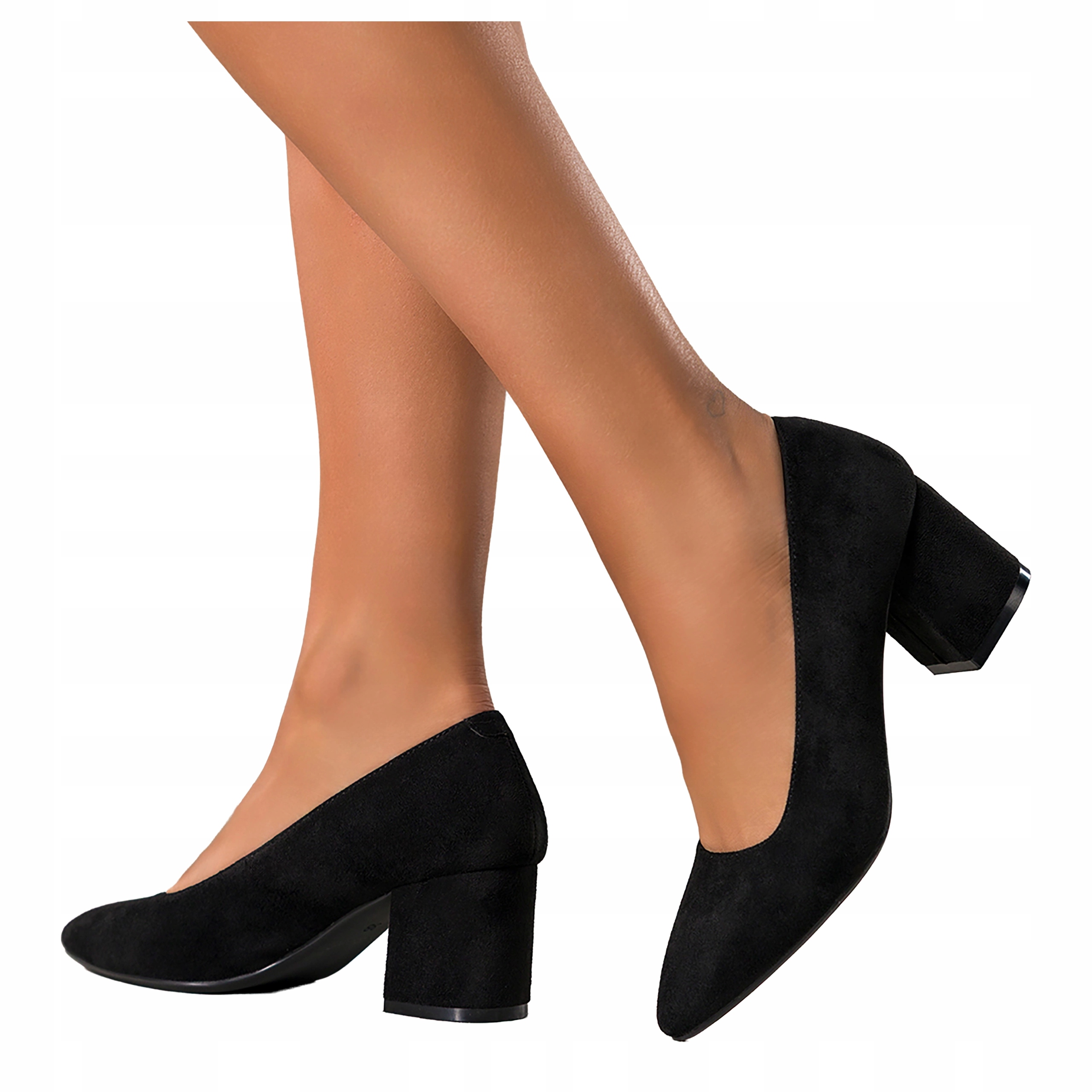 CZÓŁENKA Czarne Damskie ZAMSZOWE Klasyczne Niski Obcas Klocek WYGODNE