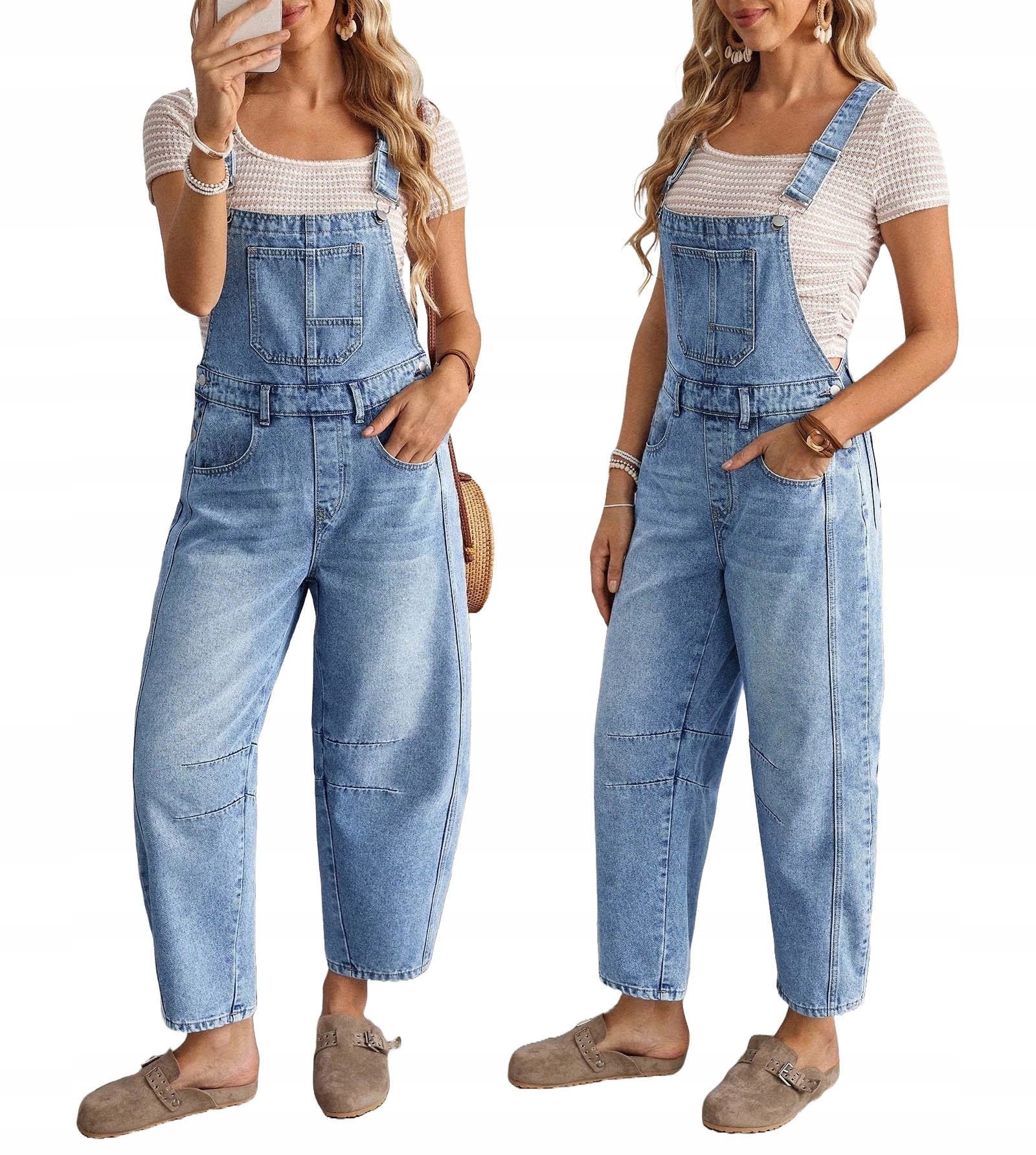 Spodnie Ogrodniczki Damskie Jeansy Balloon Fit Z Szerokimi Nogawkami Barrel