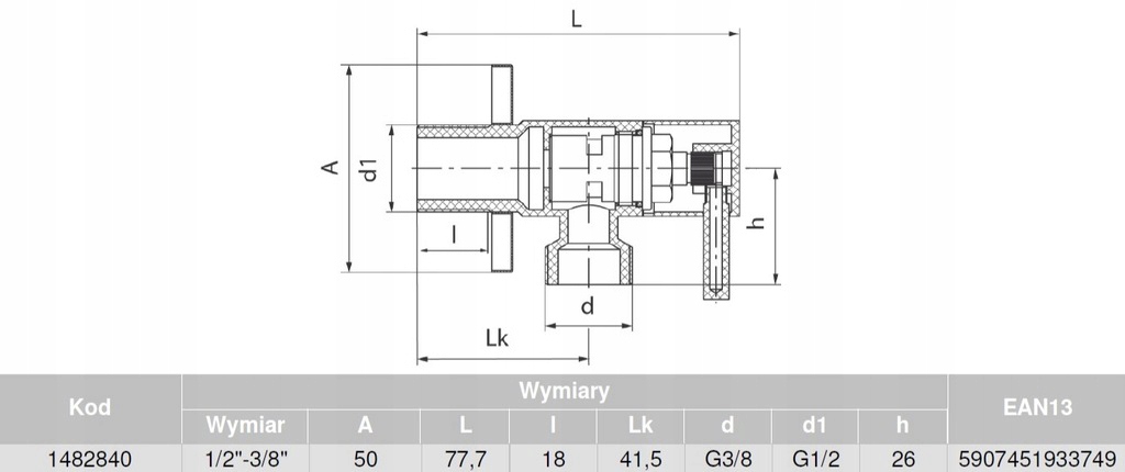 ZAWÓR KĄTOWY CERAMICZNY Z GŁOWICĄ CERAMICZNĄ VALVEX 1/2 X 3/8 CHROM Kod producenta 1482840