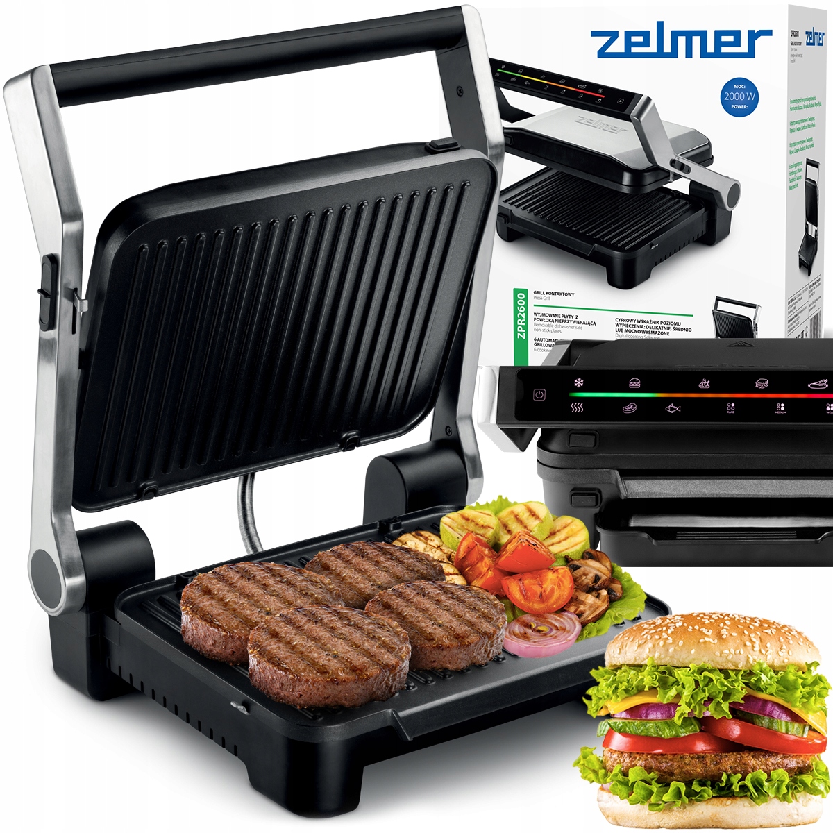 Grill Elektryczny Zelmer Opiekacz Rozkładany Duża Powierzchnia 667cm2 2000W