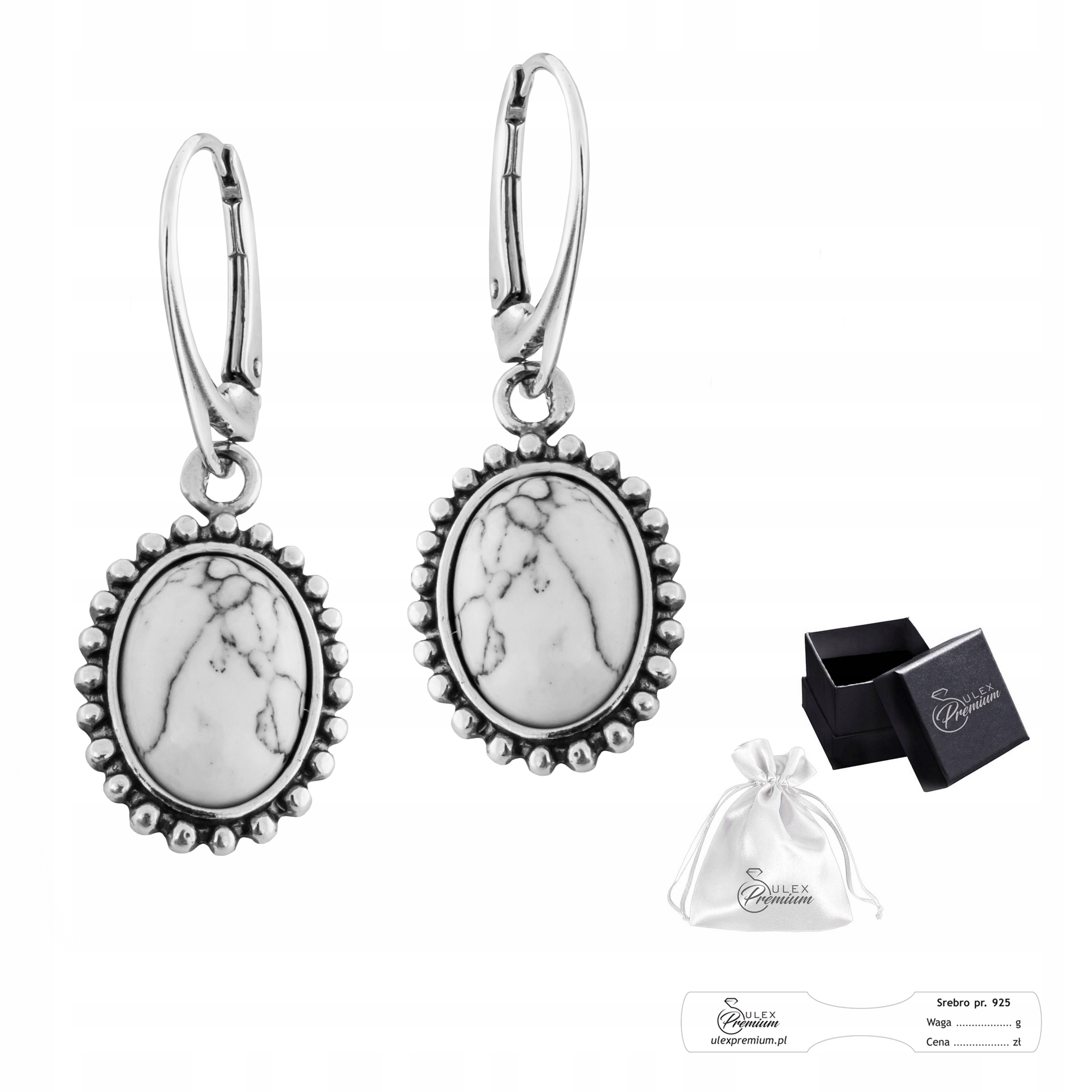 Stříbrné náušnice ryzost 925 Elegantní závěsné Náušnice s přírodním howlitem