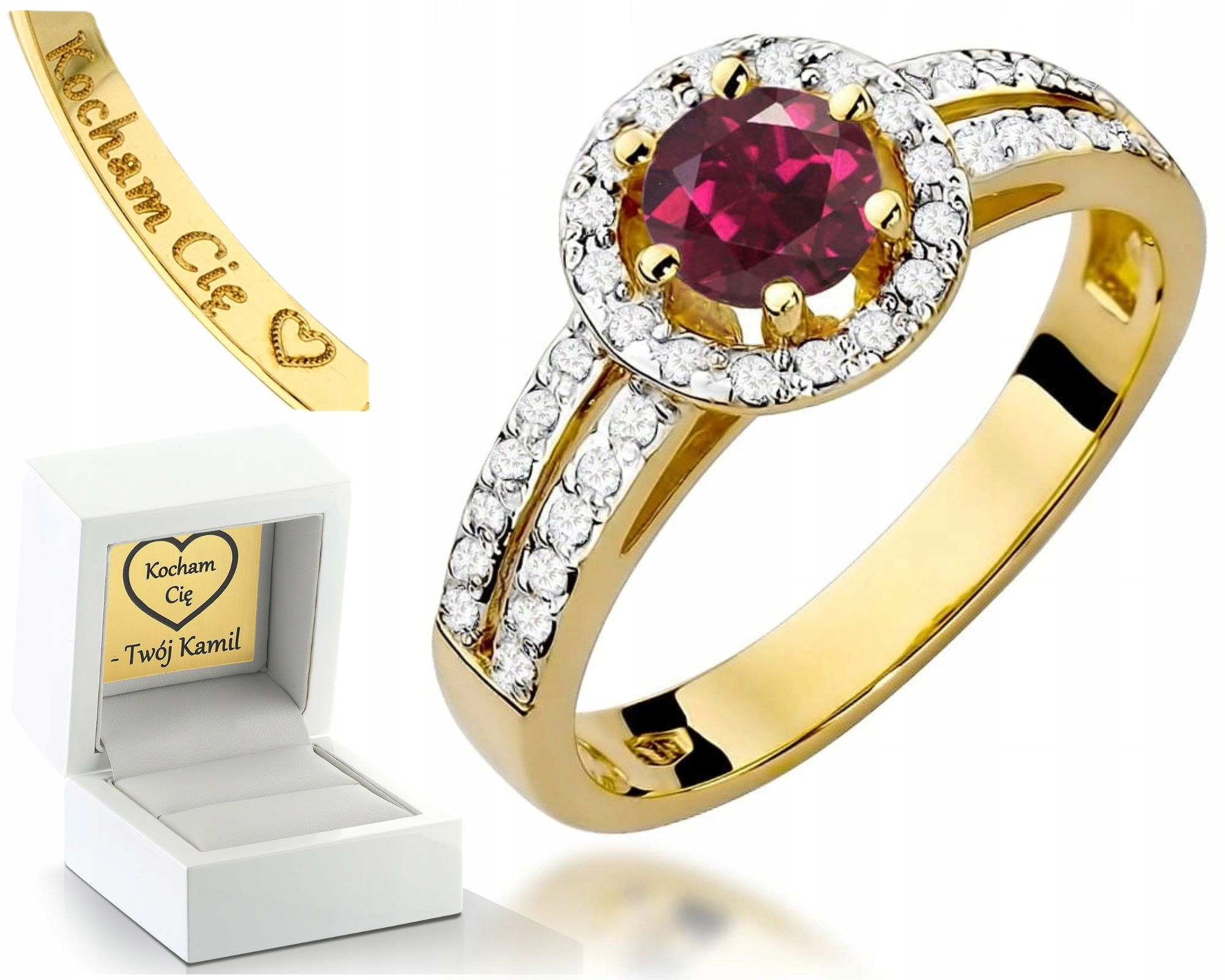 Zásnubní Prstýnek S Rhodolitem A Diamanty, Žluté Zlato, Gravírování 585