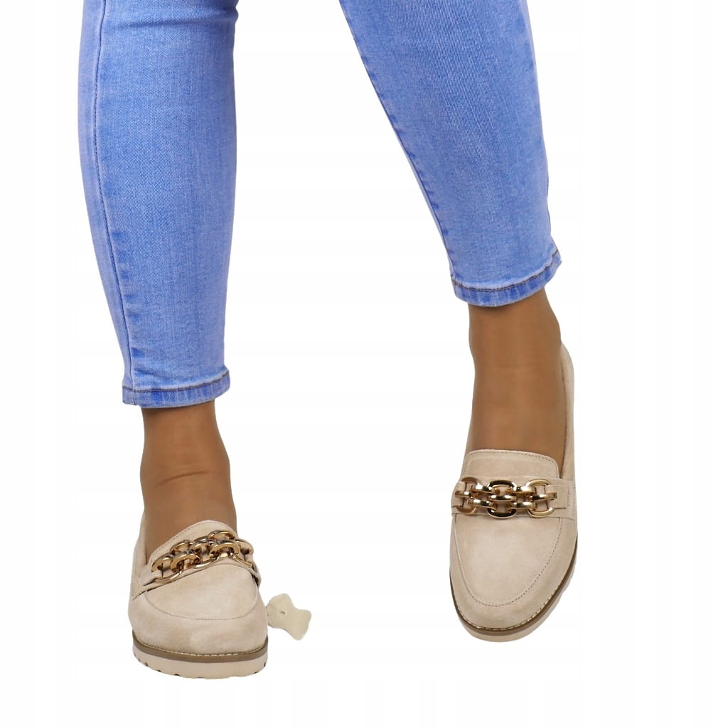 WYGODNE BUTY SKÓRZANE MOKASYNY SKÓRA DAMSKIE LOAFERSY BEŻOWE ZAMSZOWE Wzór dominujący bez wzoru