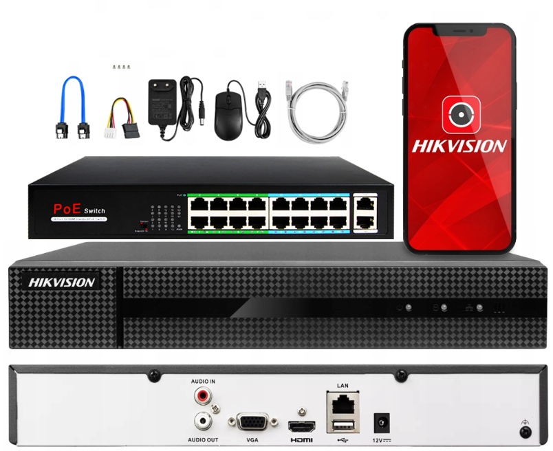 REJESTRATOR MONITORINGU IP HIKVISION 16 KANAŁÓW DO 8MPx + Switch 16x PoE