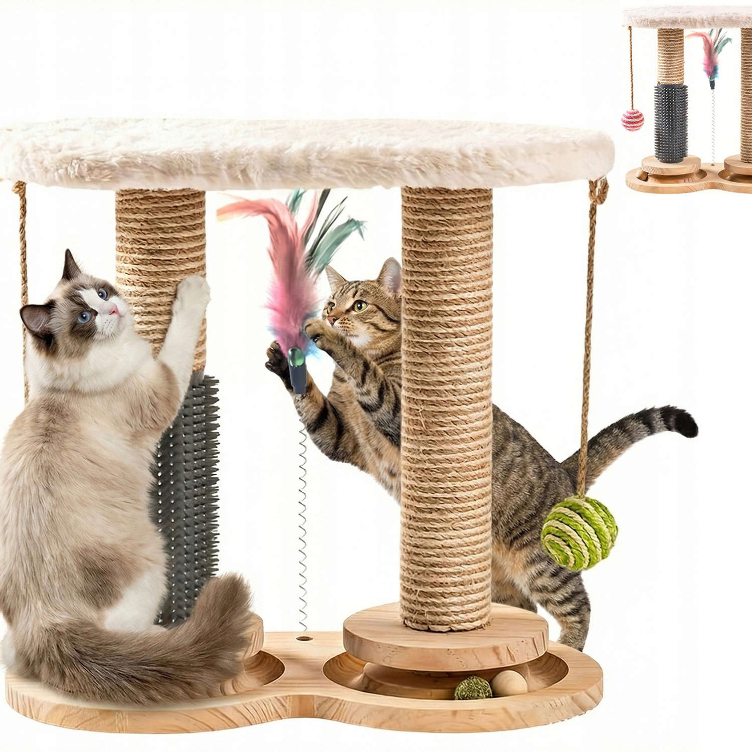 Levně Dřevěná Hračka Pro Kočky S Plošinou A Kuličkami A 2 Škrabadly