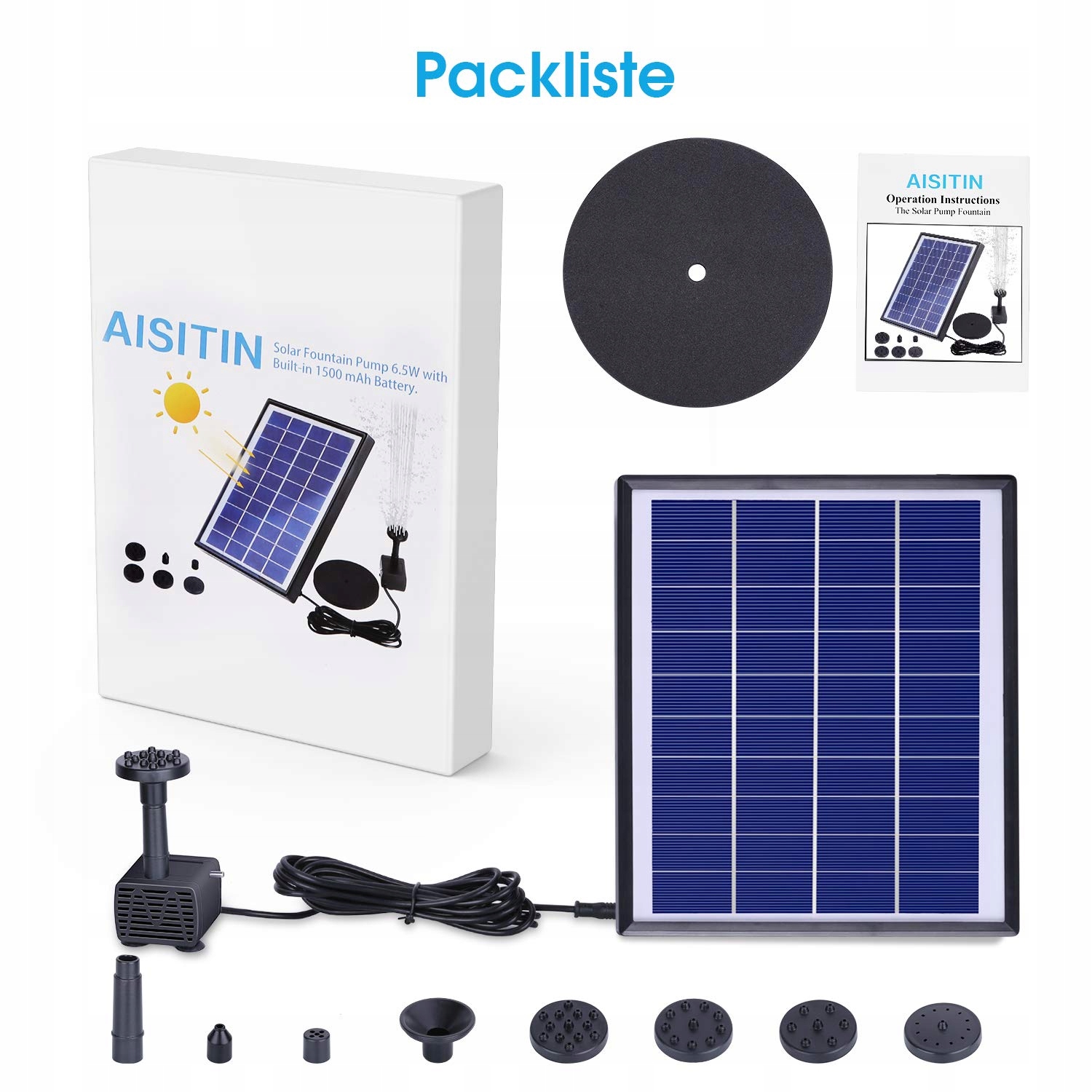 AISITIN Fontanna Solarna 6.5W Z Wbudowaną Baterią 1500 mAh Do Ogrodu — miniatura 9