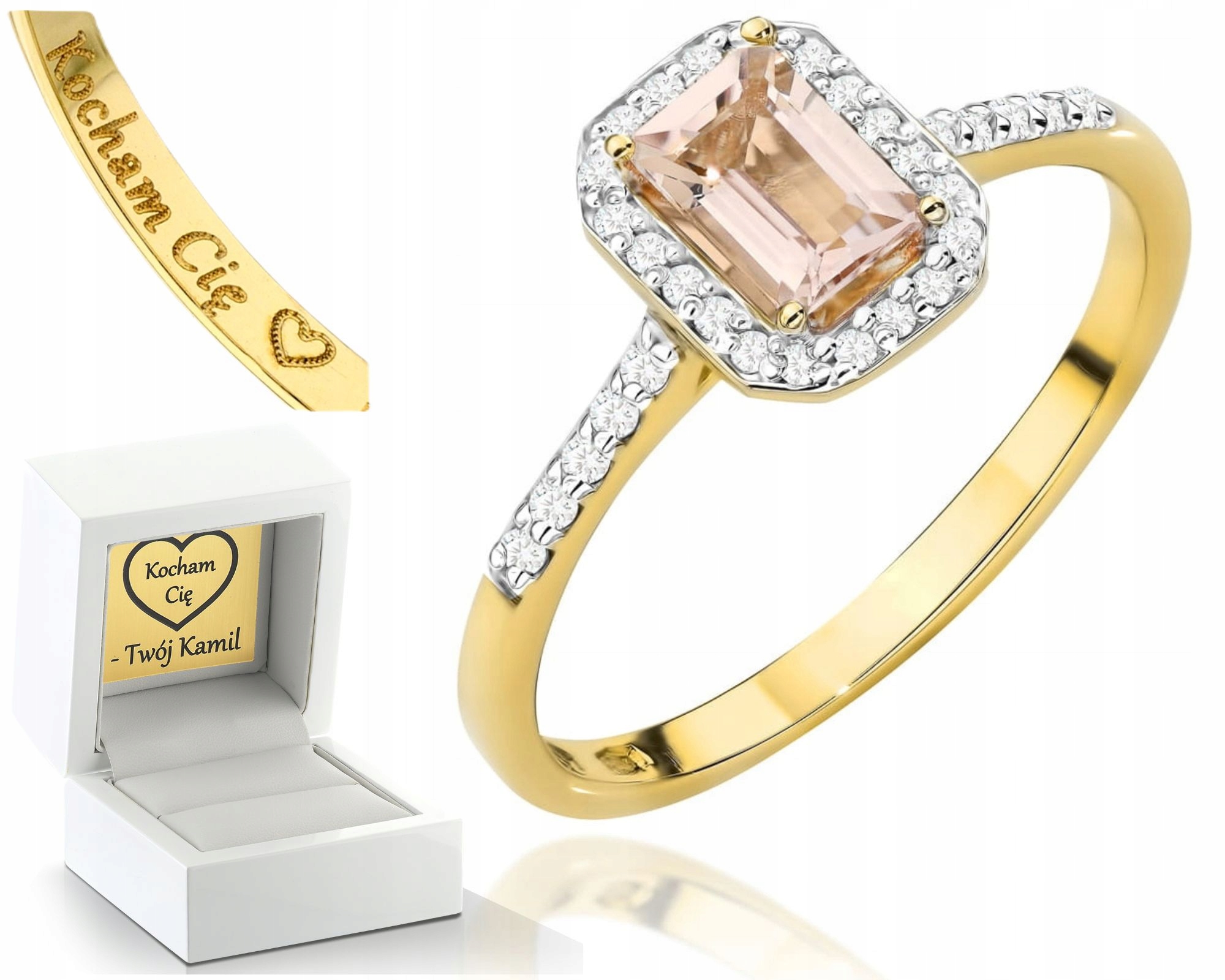 Zlatý Prstýnek Diamanty A Přírodní Kámen Morganit 585 Gravírování Dárek