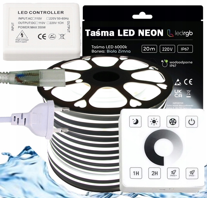 Set Led pásek Neon 230V 20m 6000K Bílý Studený Napájecí Zdroj Ovladač Dálkový Ovladač