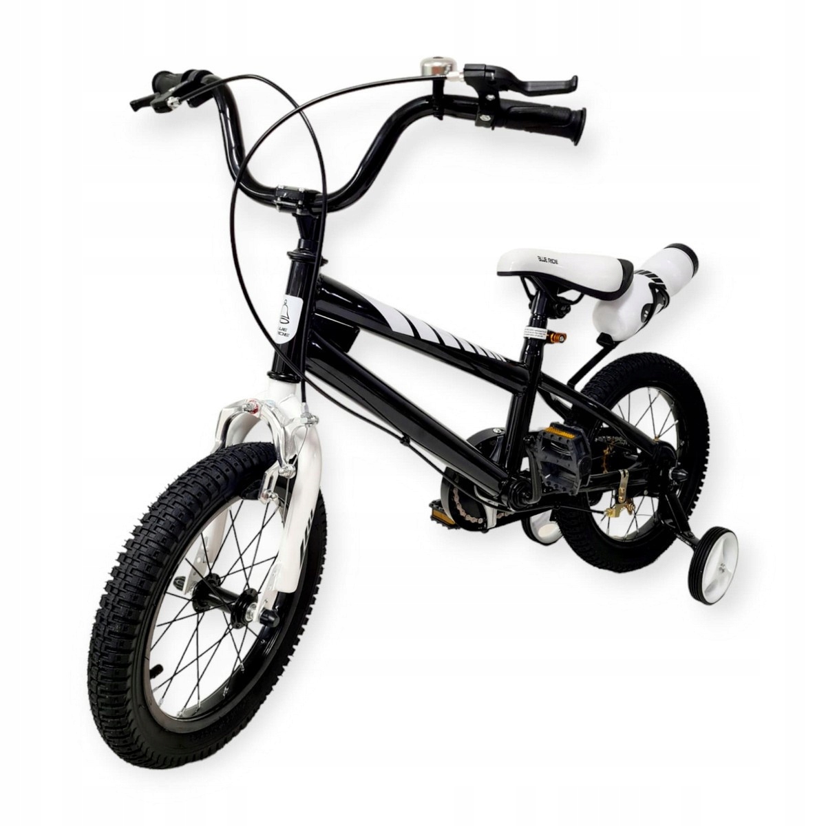 Rowerek rower dziecięcy 14 cali boczne koła łańcuch bidon dzwonek czarny