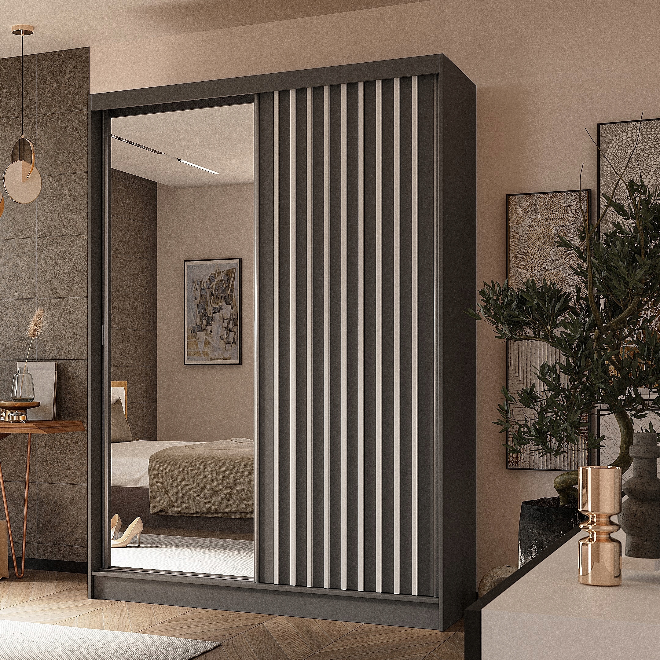 Skříň dvoudveřová Lamello 150 cm Skříň se zrcadlem Posuvná šedá