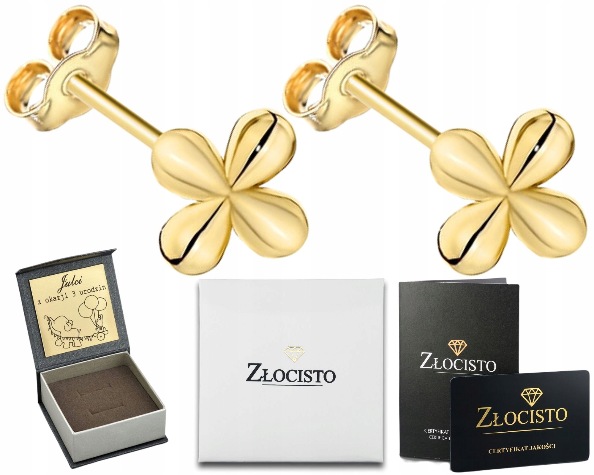 Zlaté Náušnice Malé jetelky pro dítě Jemné tyčinky Zlato 58