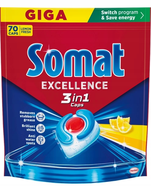 Levně Kapsle do myčky nádobí Excellence 3v1 lemon 70 ks Somat