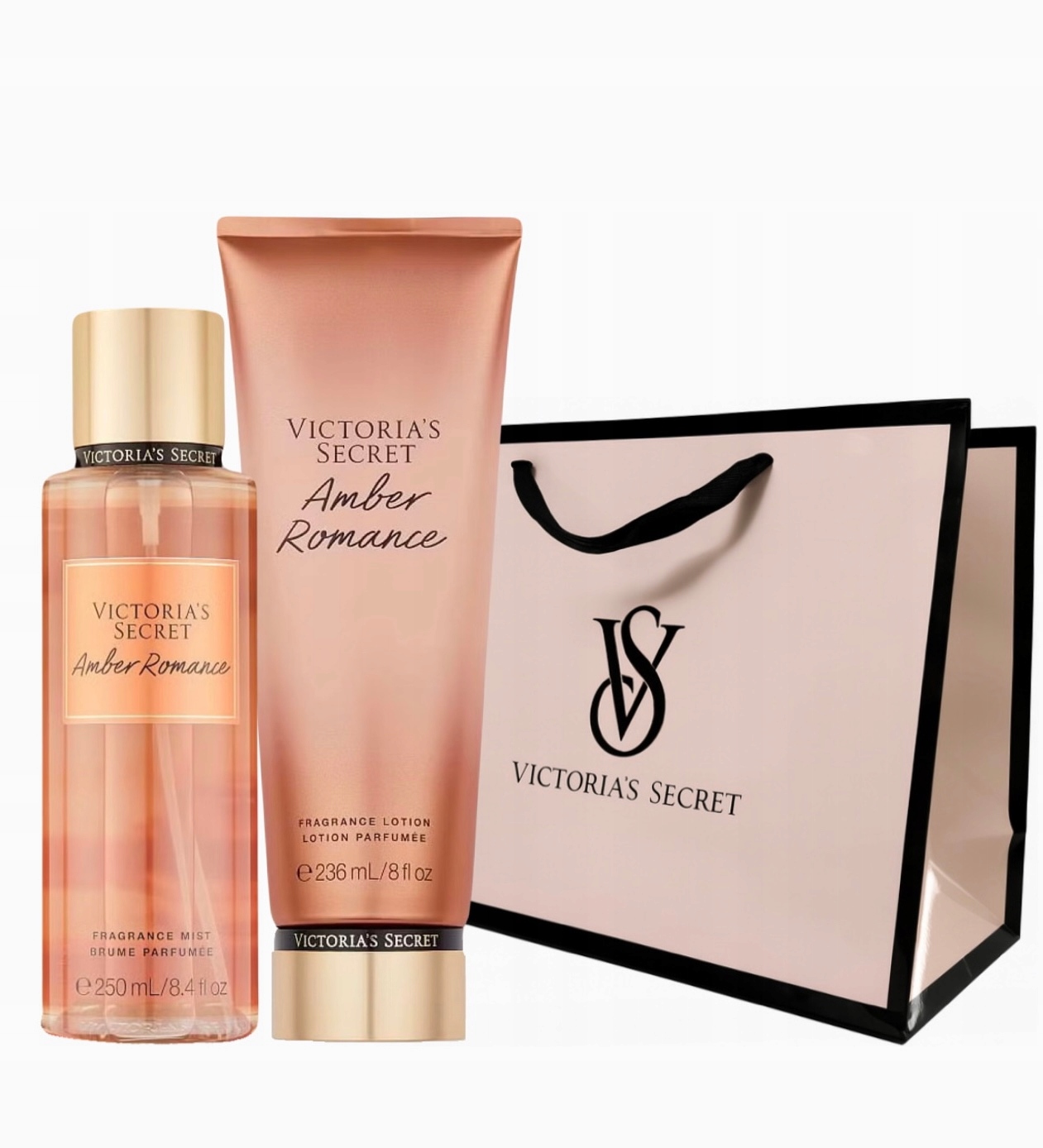 Zestaw Victoria’s Secret Amber Romance mgiełka balsam torebka z logo