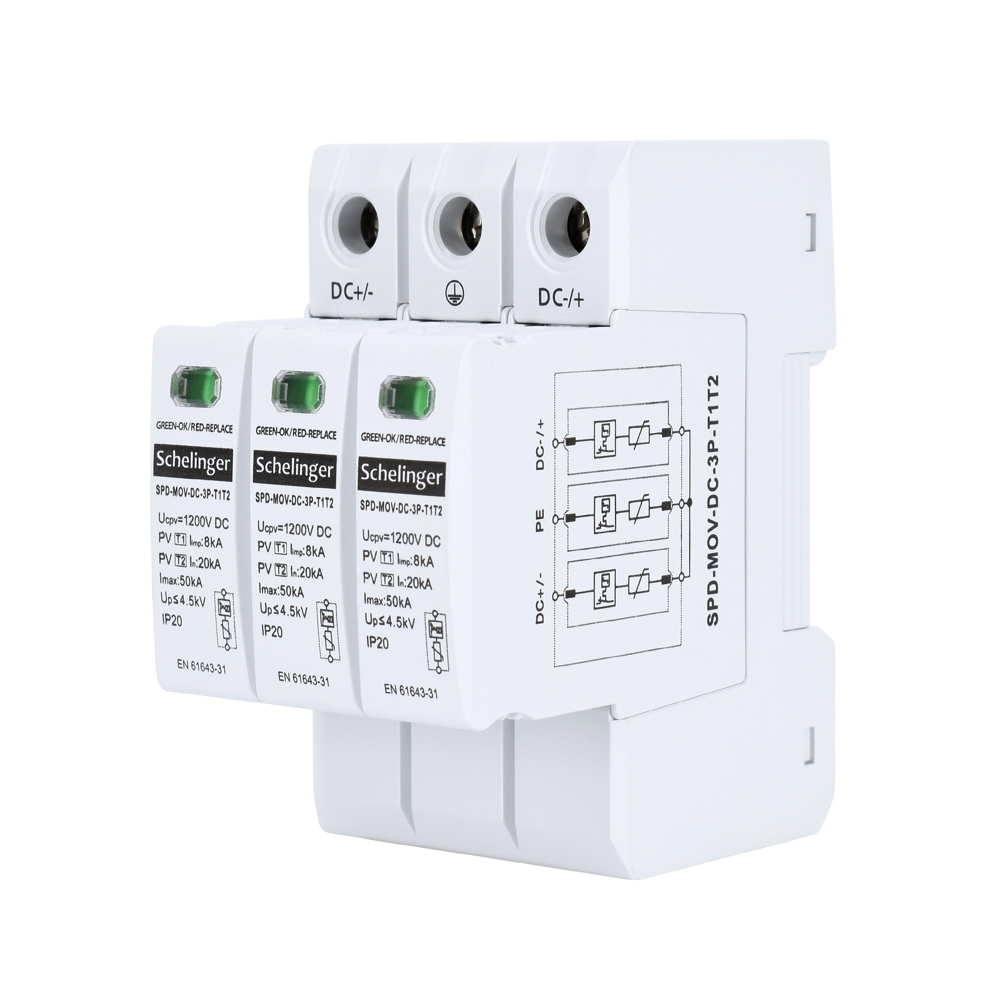 Omezovač Přepětí 3P 8kA DC 1200V Třídy T1T2 Schelinger