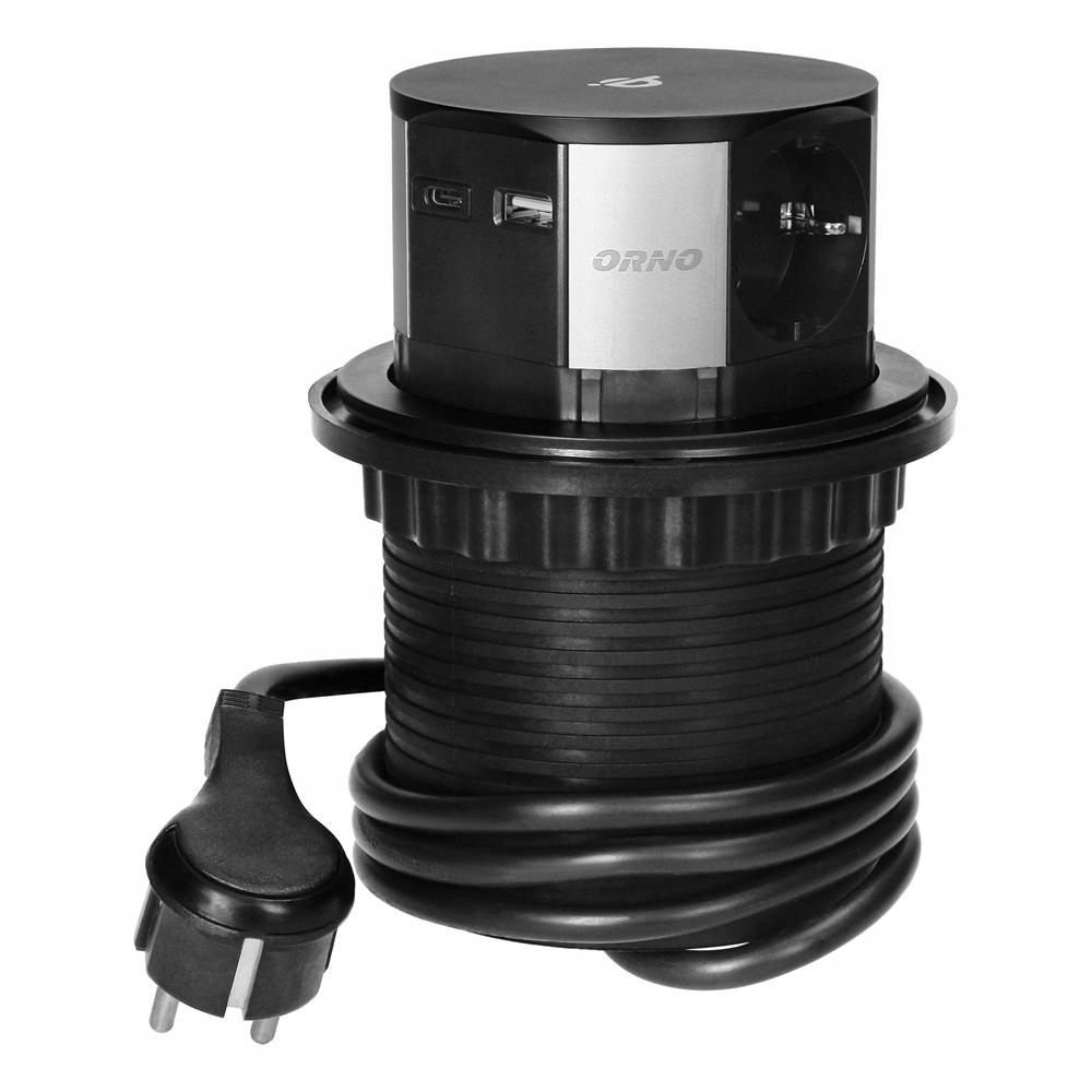 Nábytková zásuvka Ø10 cm 1,5 m, 3x2P+Z (Schuko), Qi 1.2.4 max. 10 W, Usb A+c 3.0