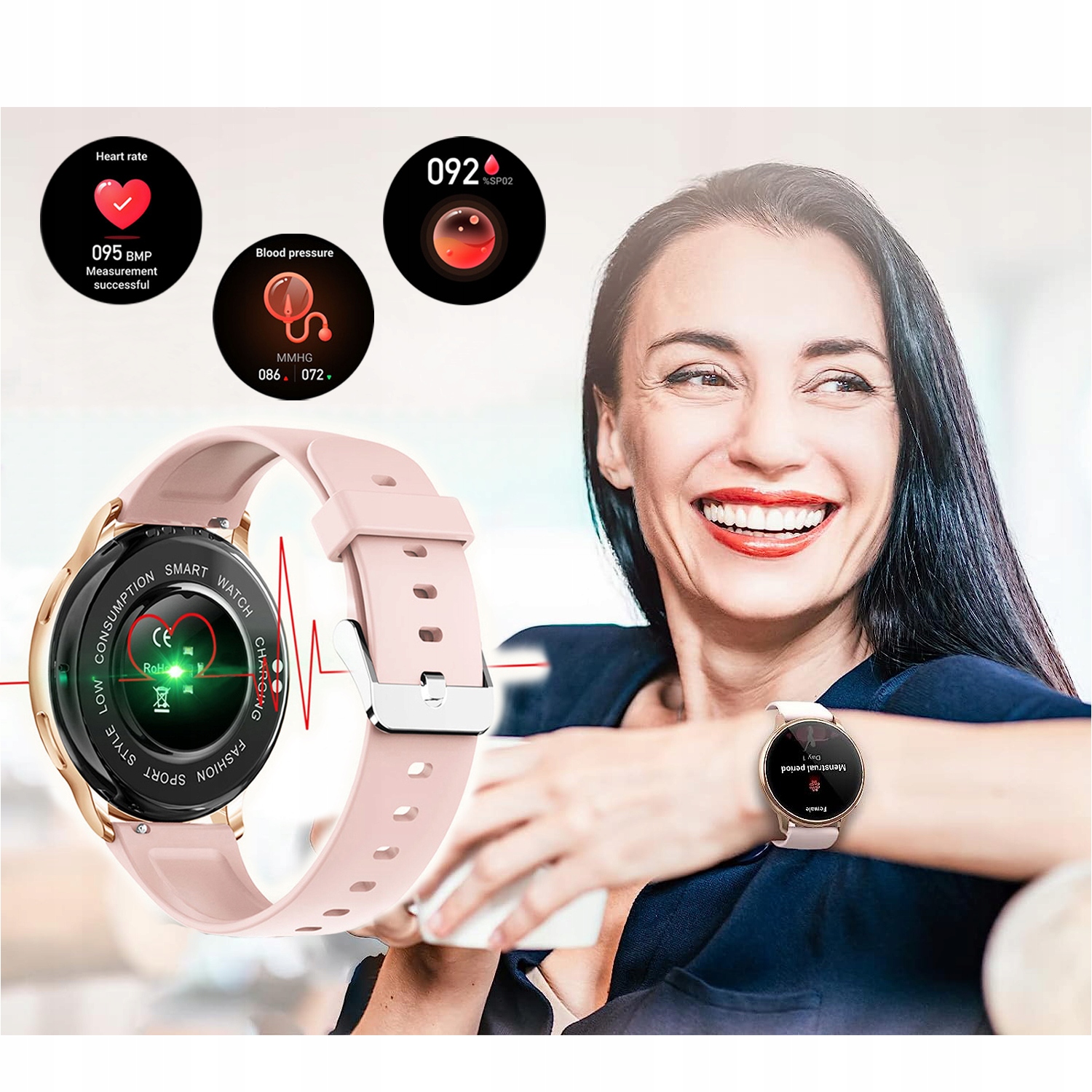 SMARTWATCH DAMSKI DLA KOBIETY ROZMOWY POWIADOMIENIA SPORT POMIARY MENU PL Wodoszczelność poniżej 20m = WR20