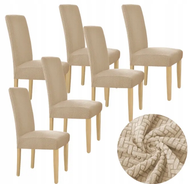 Sada 6 Ks Poťah Na Stoličku Béžový Elastický Žakard [10-Z1-BZ-6KS]