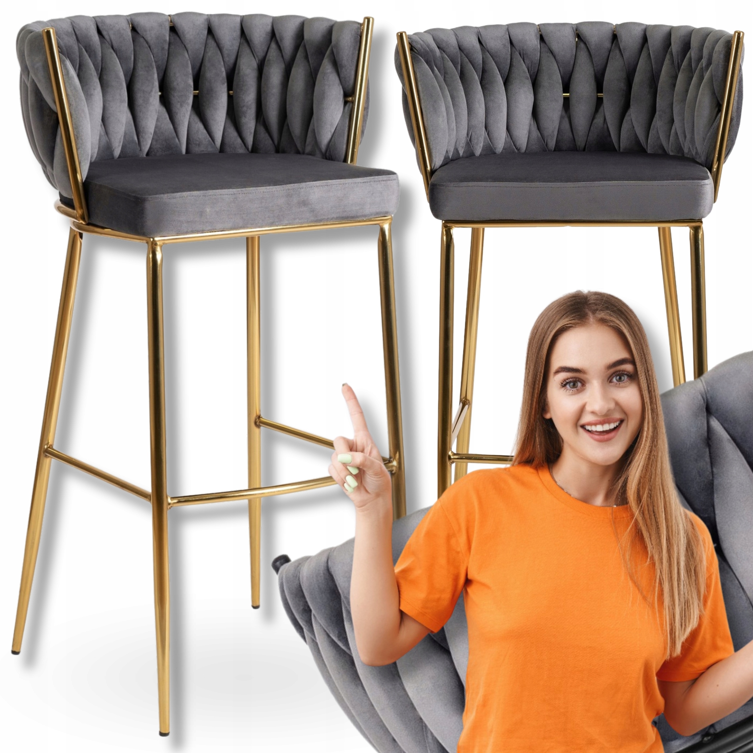 Barový Barová Židle Velur Šedý Pletený S Opěradlem Zlaté Nohy Flores 2