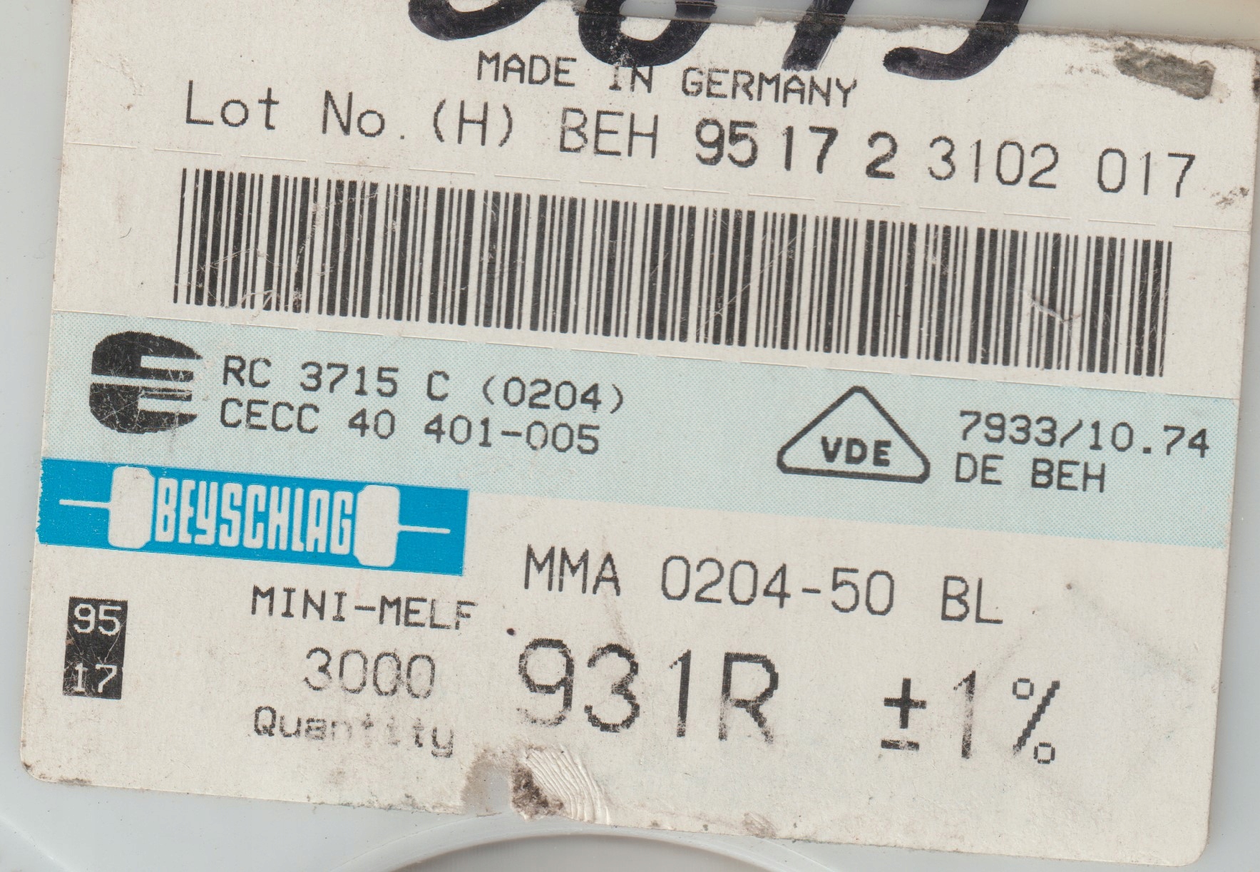 [100szt] 931R 1% 50ppm rezystor Smd minimelf MMA0204 Beyschlag low noise