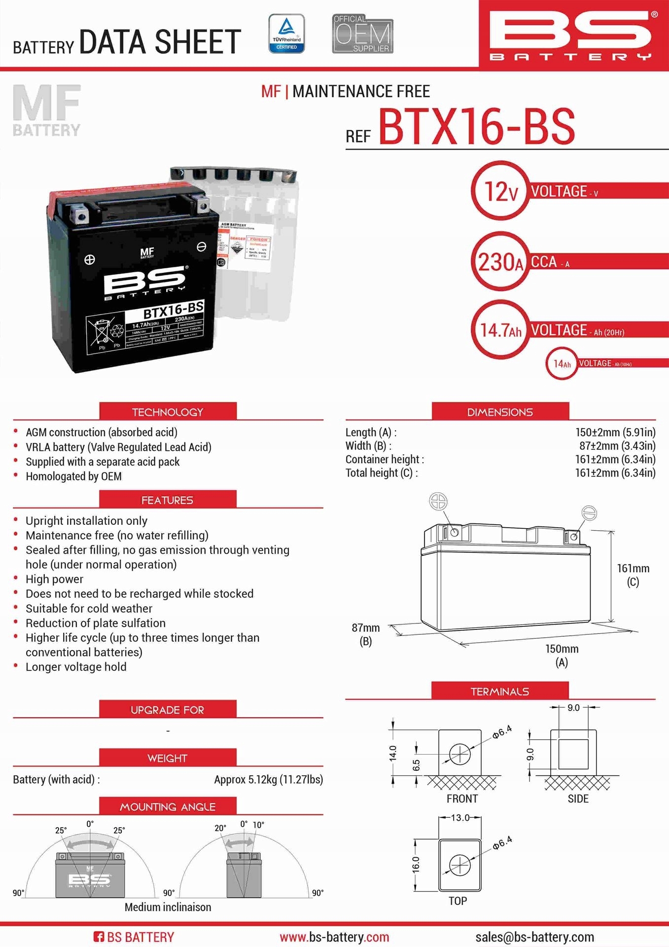 Bs Batéria BTX16-BS (YTX16-BS) 12V 14AH 152X88X161 Bezobs Luhový Elektr