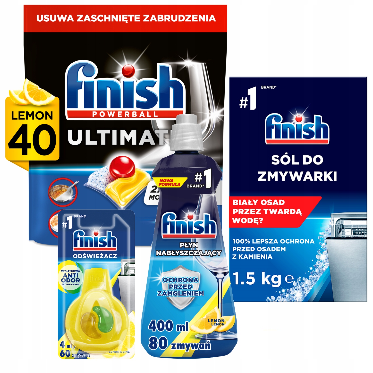 Levně Finish Sada pro myčku nádobí 3 produkty kapsle Ultimate Lemon 40 Kusů