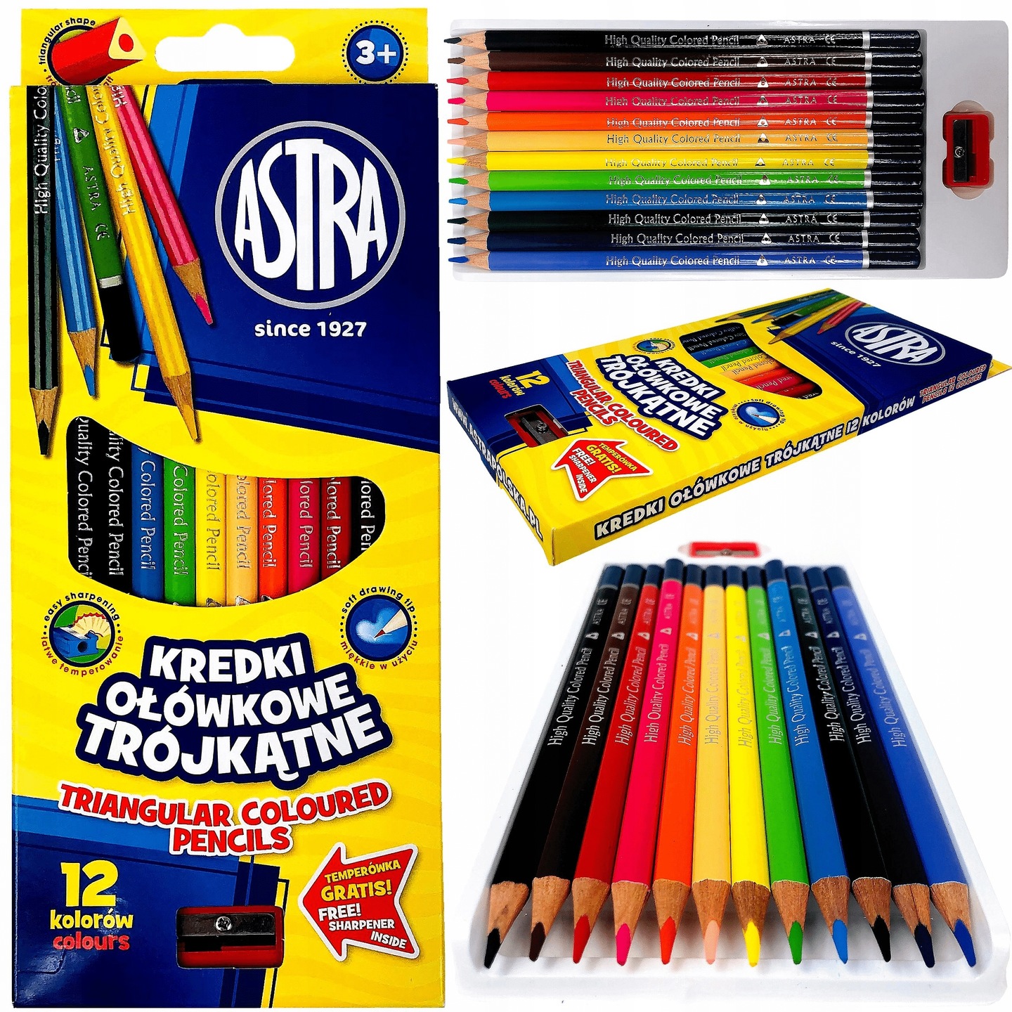 Kredki Ołówkowe Trójkątne Astra Vision 12 Kolorów Szkolne + Temp. Astra