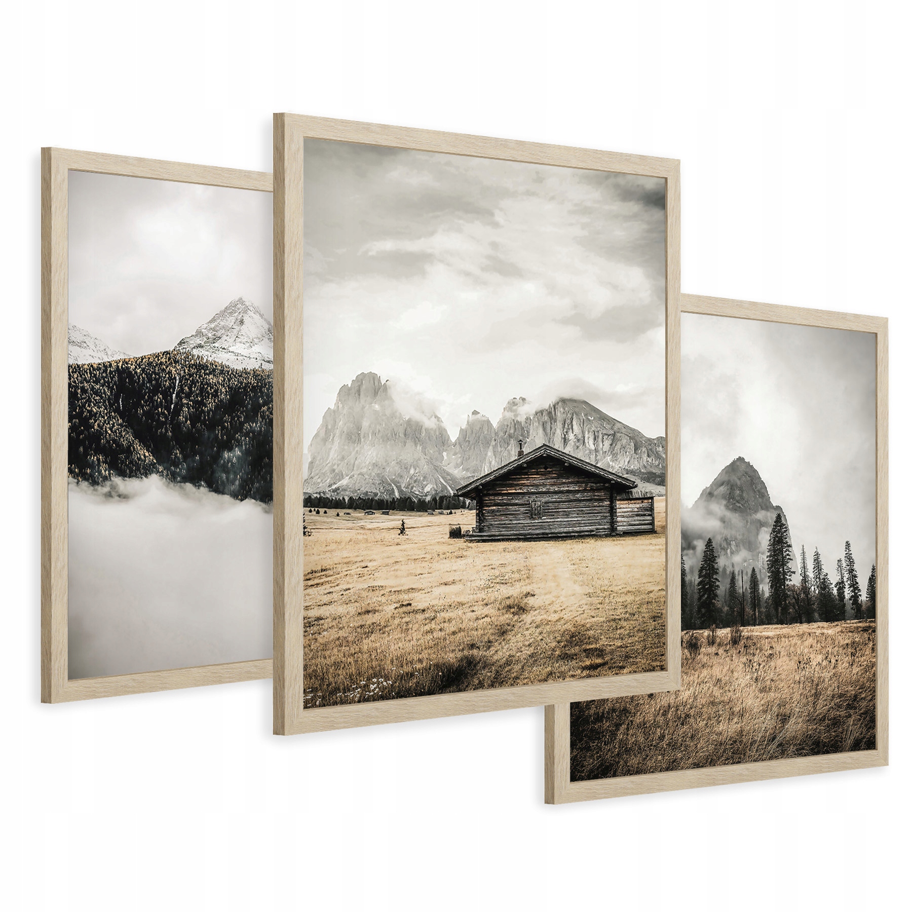 Zestaw Obrazy w ramie plakaty rustykalna chata góry mgły tryptyk 43x99