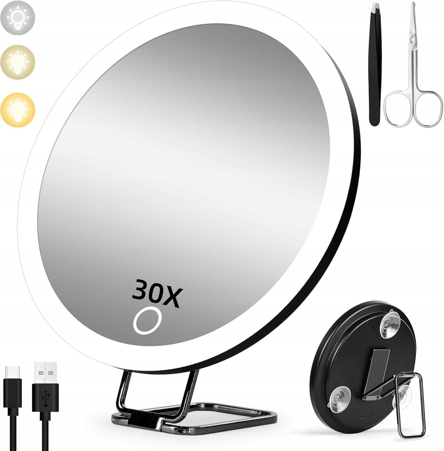 30x Magnifying Mirror with Light, Large 15cm 3 Colors Dimming Lighted