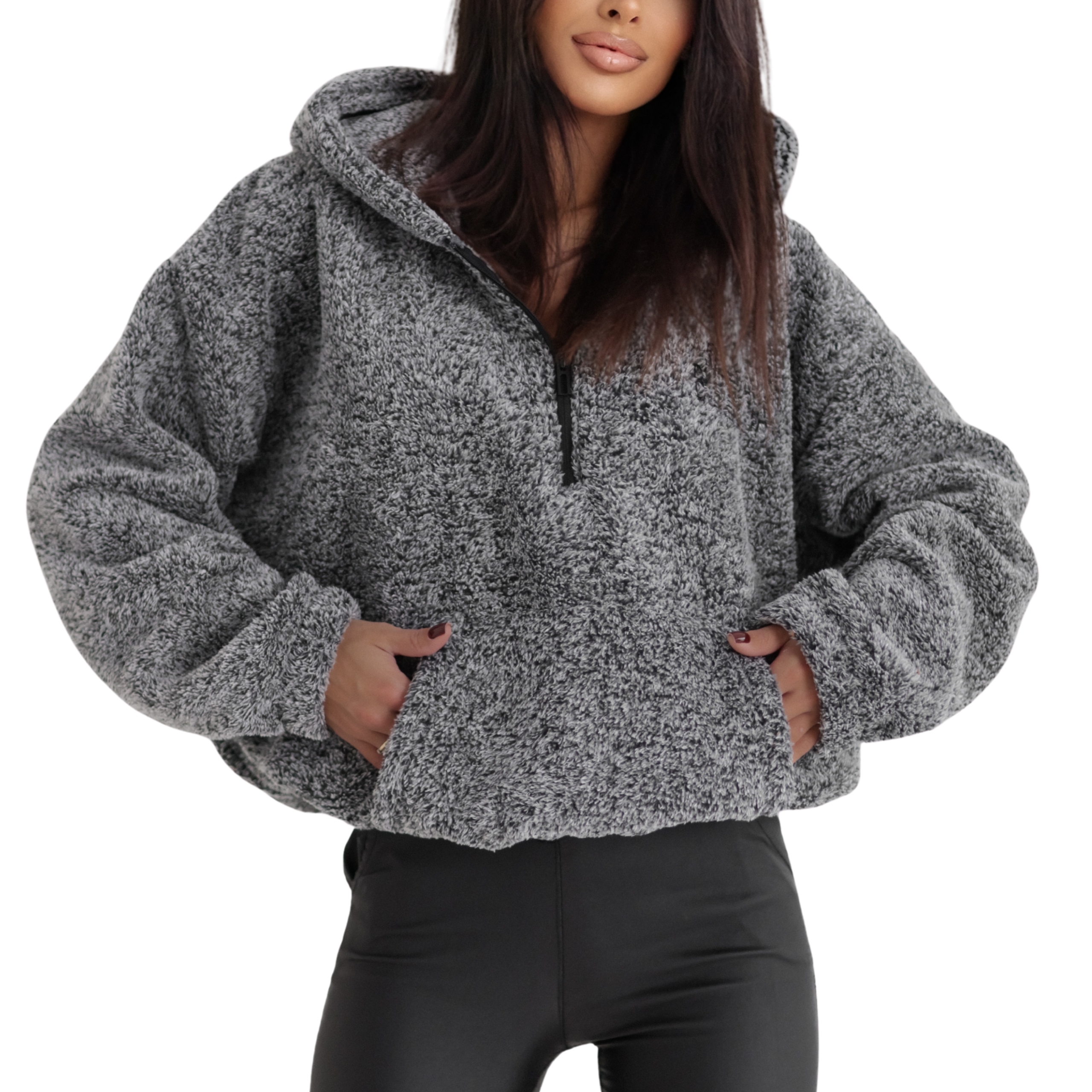 Dámská oversized Mikina z s kapucí sherpa fleecu, šedá, pepř solná, XL/XXL