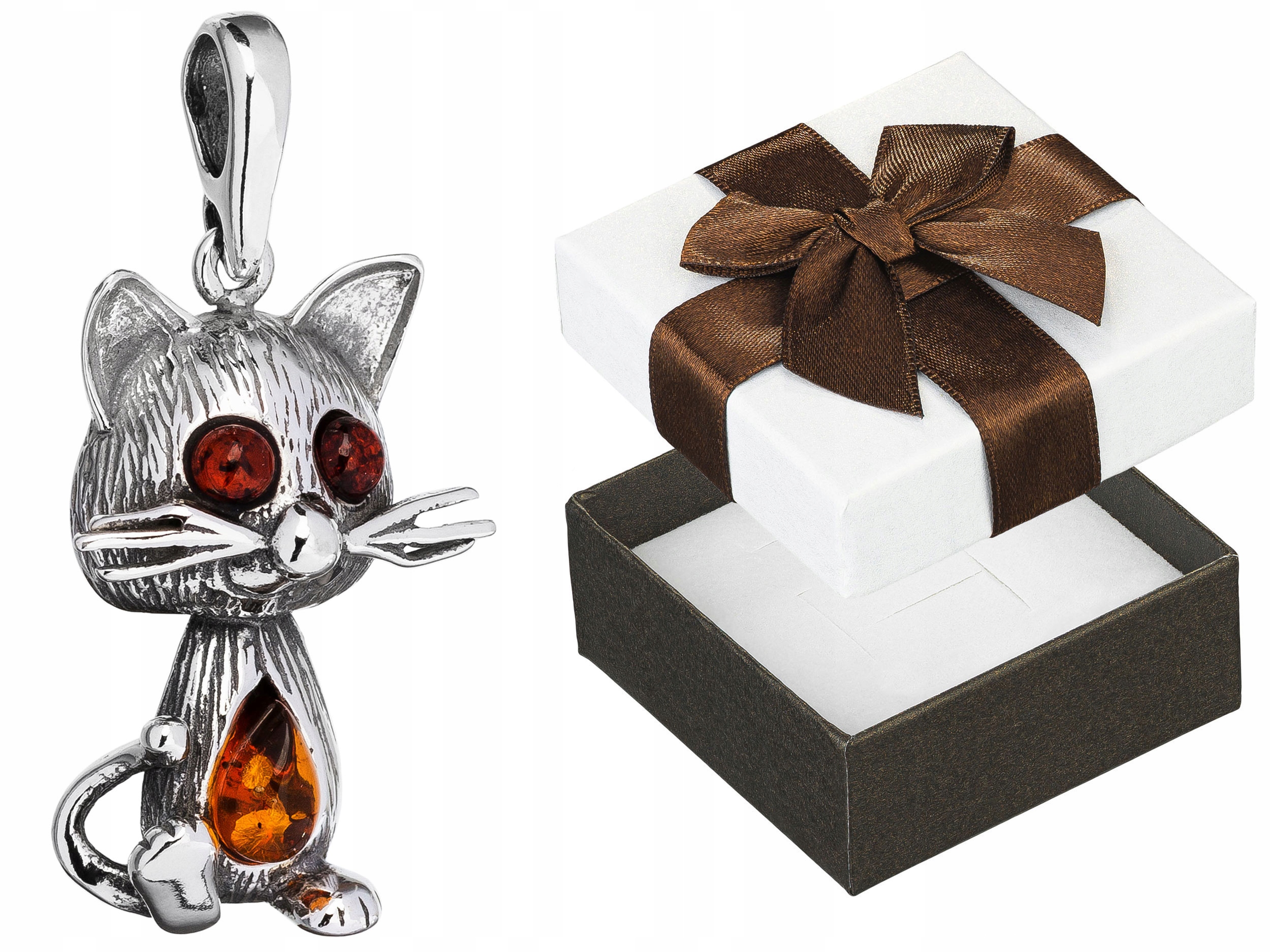 Stříbrný přívěsek Kočka s jantarem Oxidovaný stříbrný Přívěsek Kočička Kotě