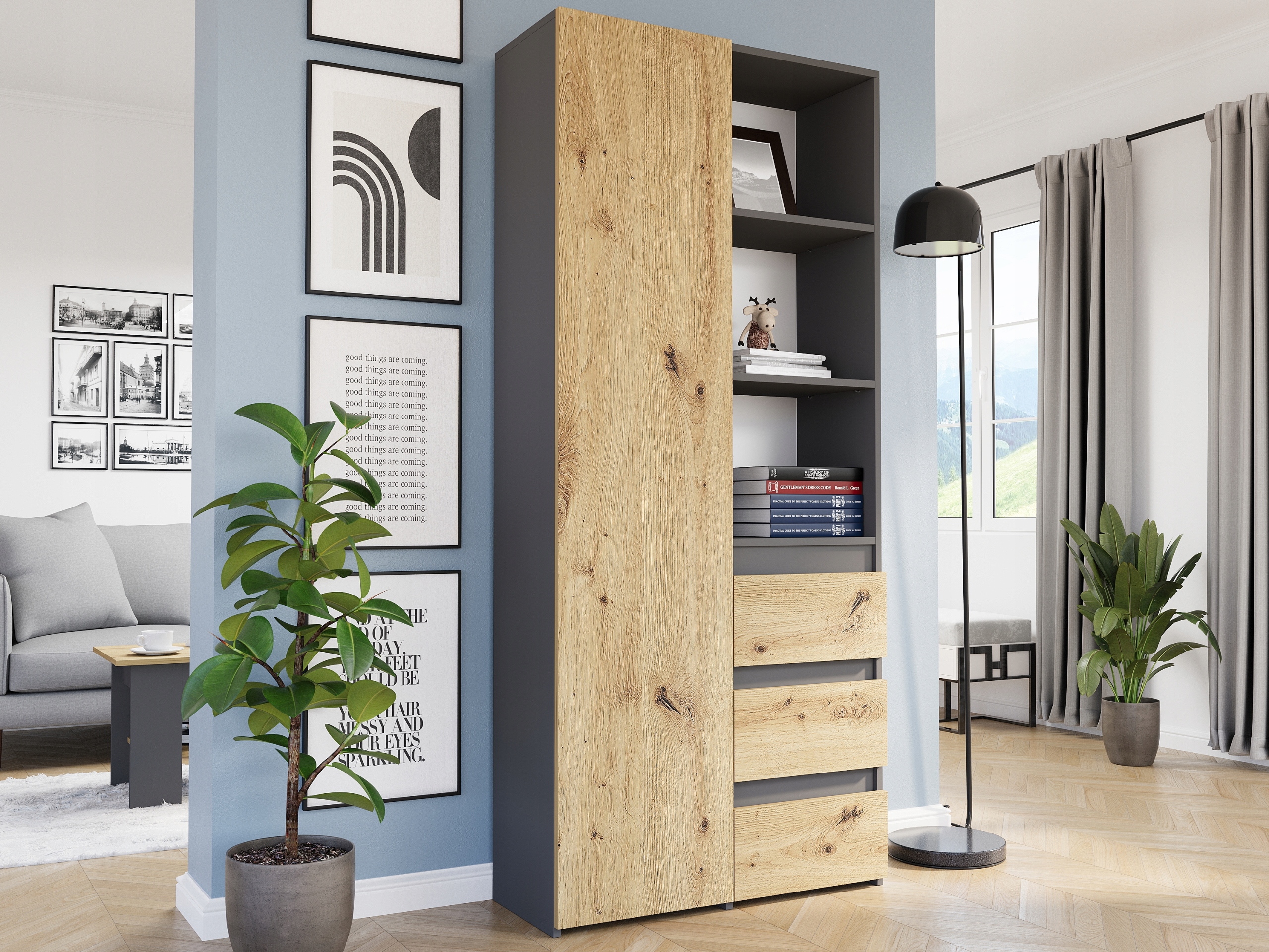 REGAŁ KSIĄŻKI BIUROWY 3 SZUFLADY B-80-S3 ANTRACYT MIX ARTISAN