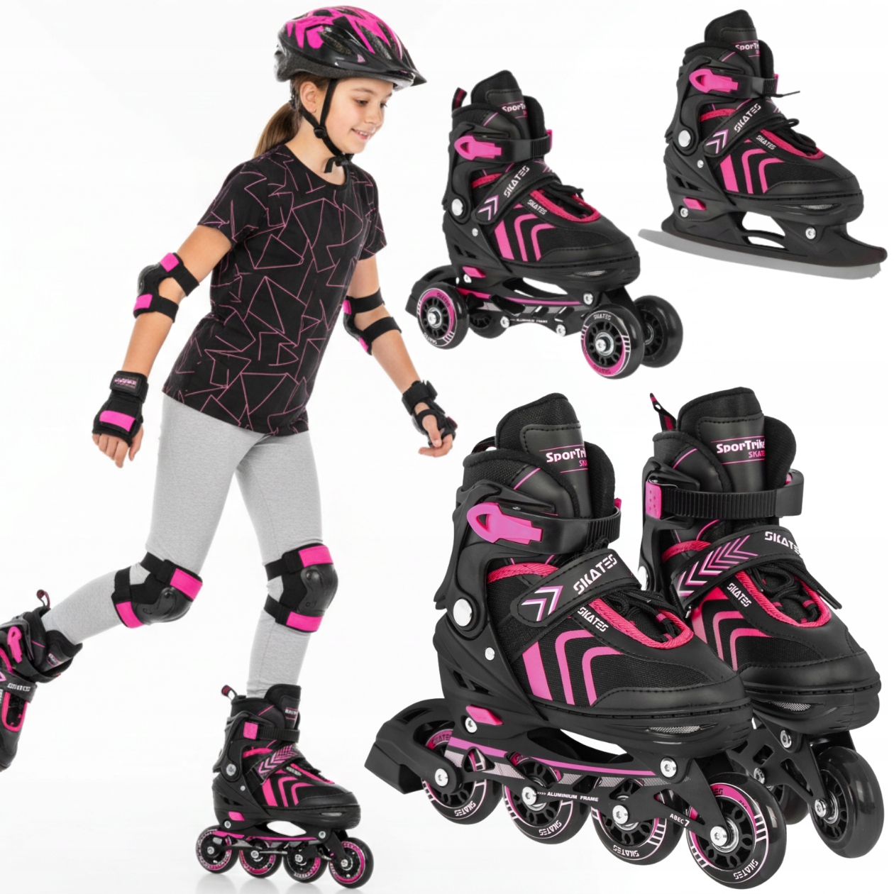 Rolki Regulowane Wrotki Łyżwy 4w1 Dla Dzieci Rozmiar 29-33 Różowe Zestaw